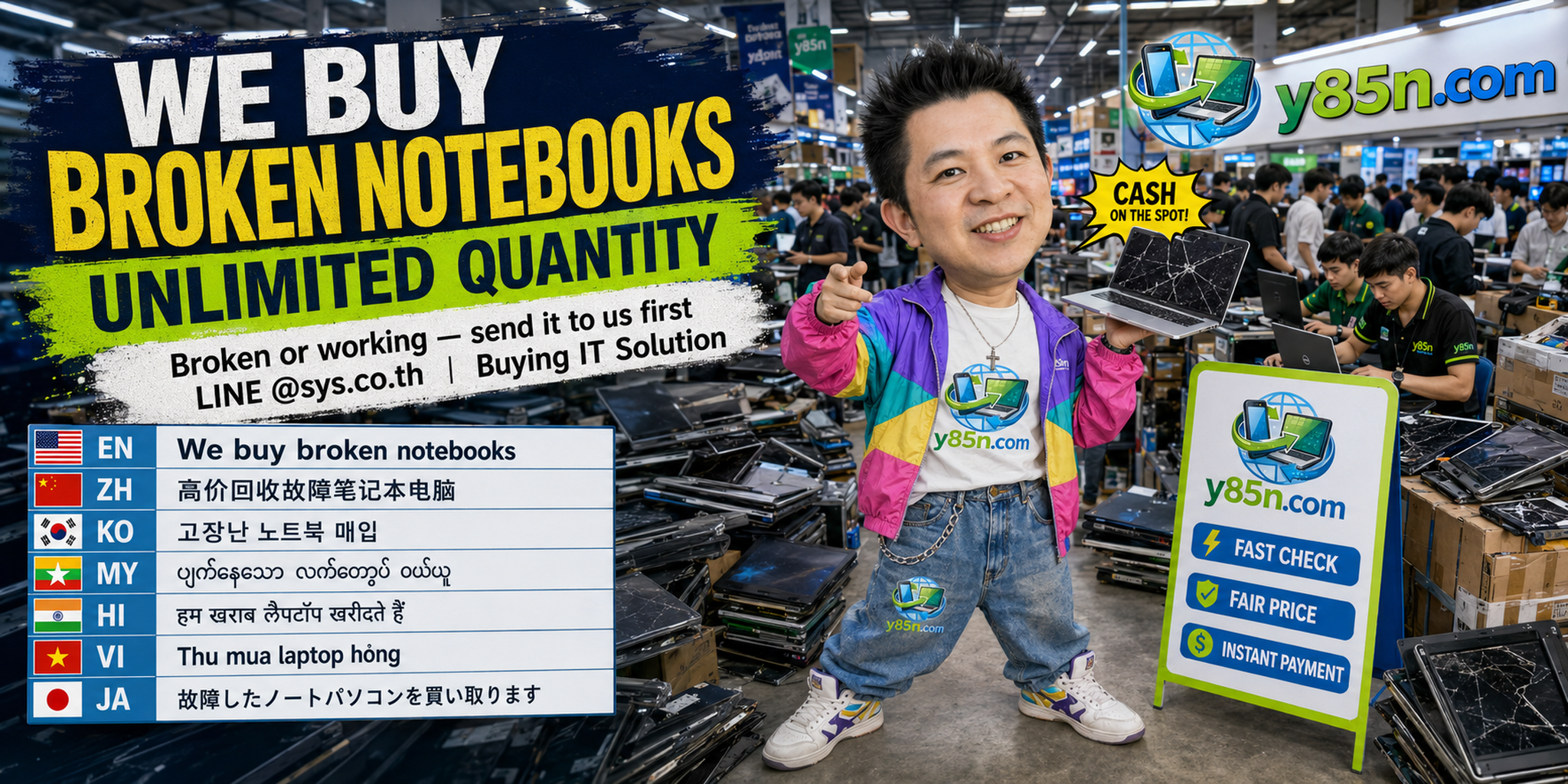 Y85N.com warehouse buying broken notebooks with international seller service in Thailand