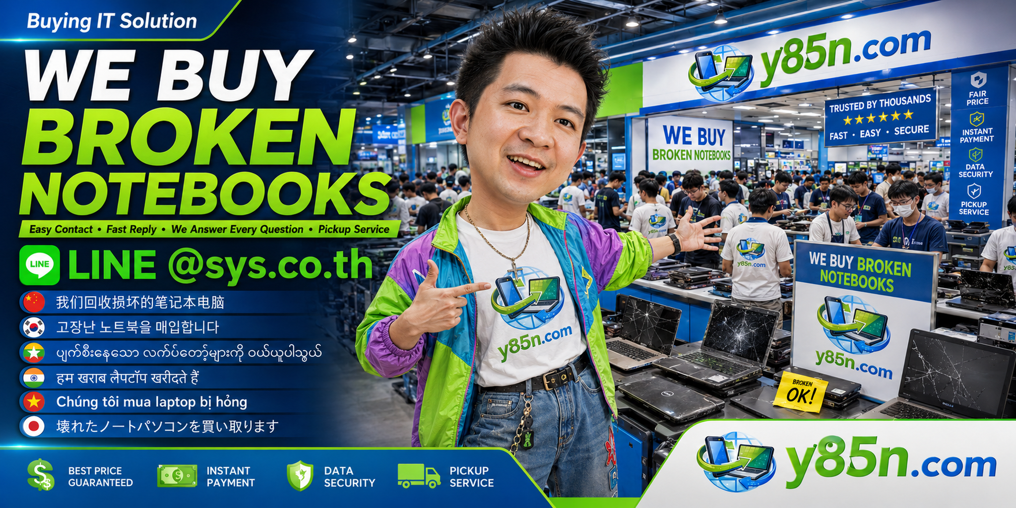 Y85N.com broken notebook buying contact banner with LINE at sys.co.th