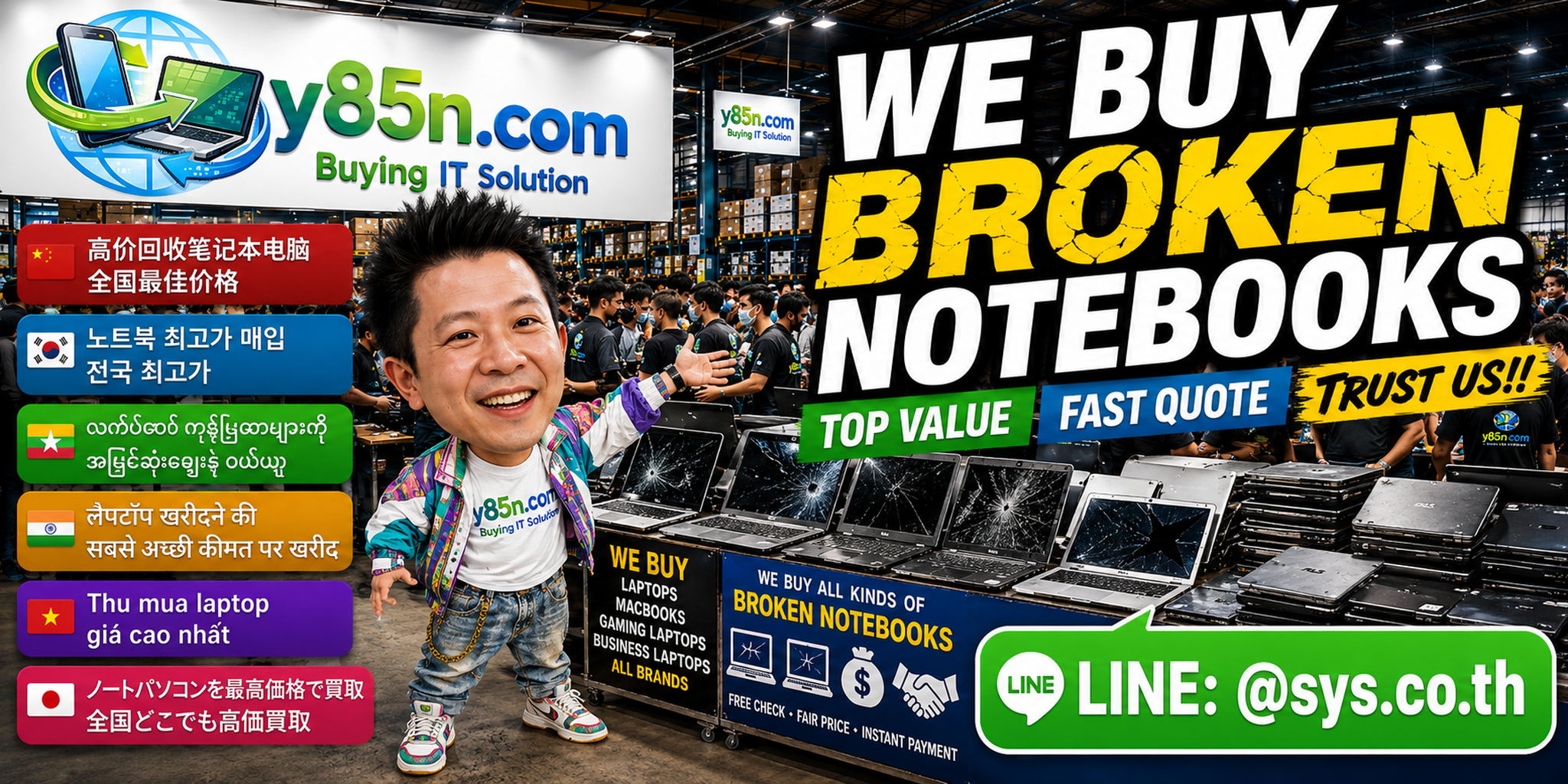 Busy Y85N.com warehouse buying broken notebooks and damaged laptops in Thailand