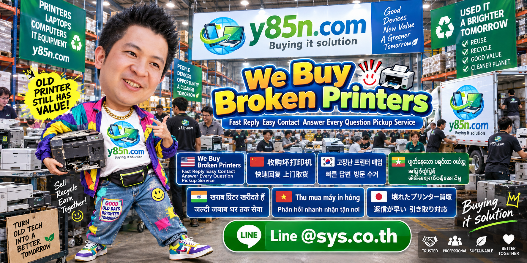 Y85N.com broken printer buying service contact banner with LINE at sys.co.th