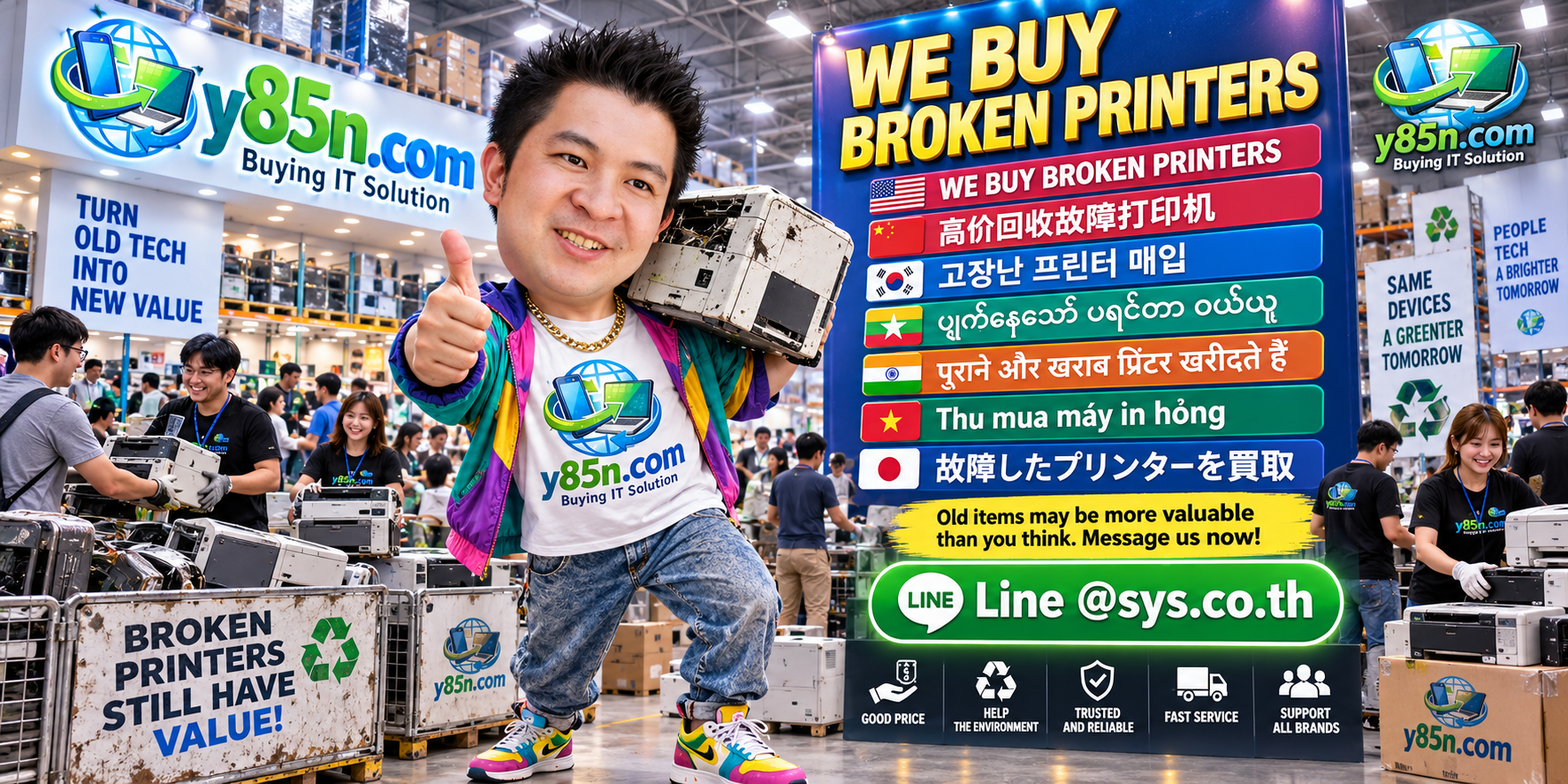 Busy Y85N.com warehouse buying broken printers in Thailand