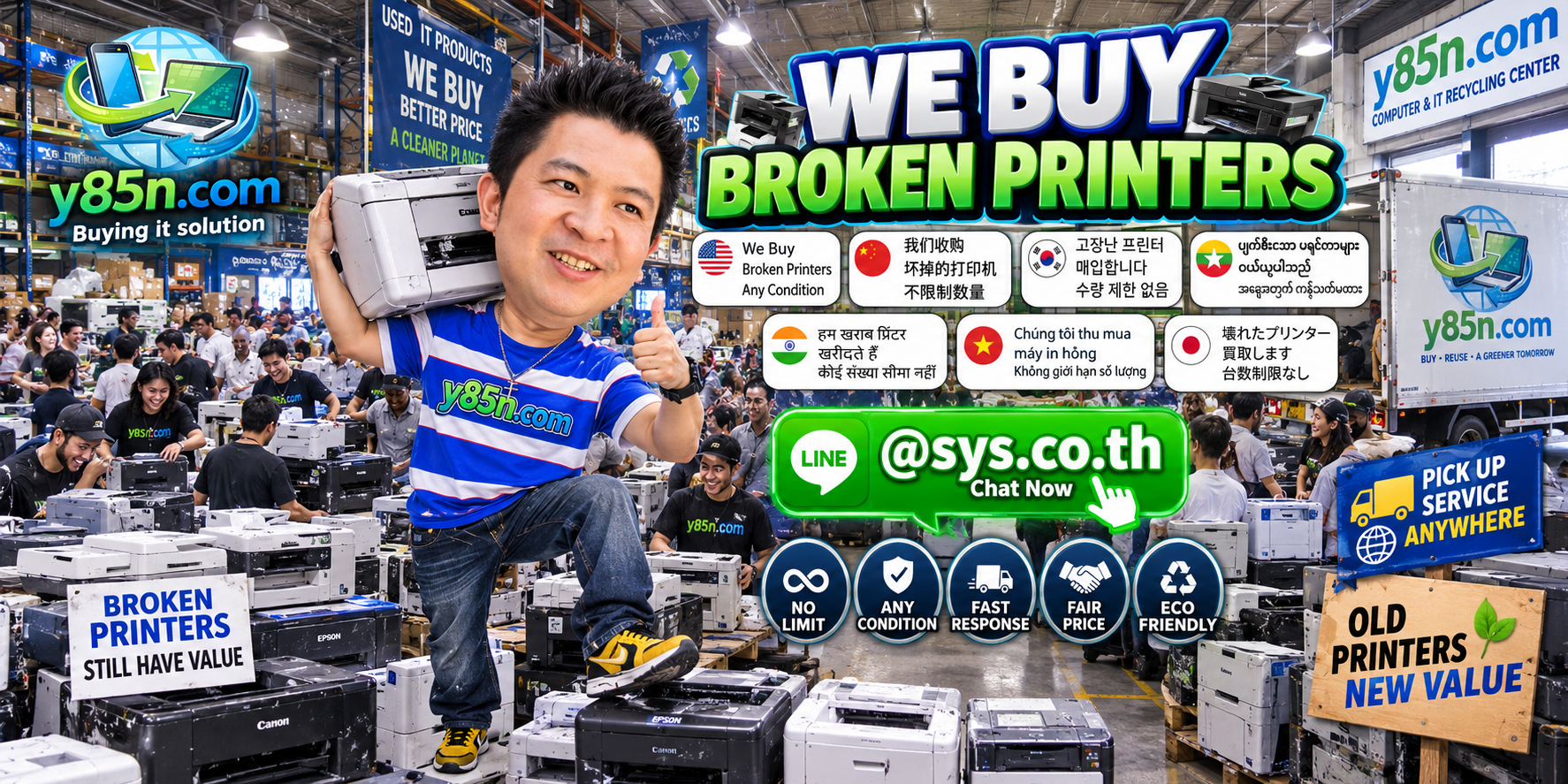 Y85N.com team and customers at a busy warehouse buying broken printers