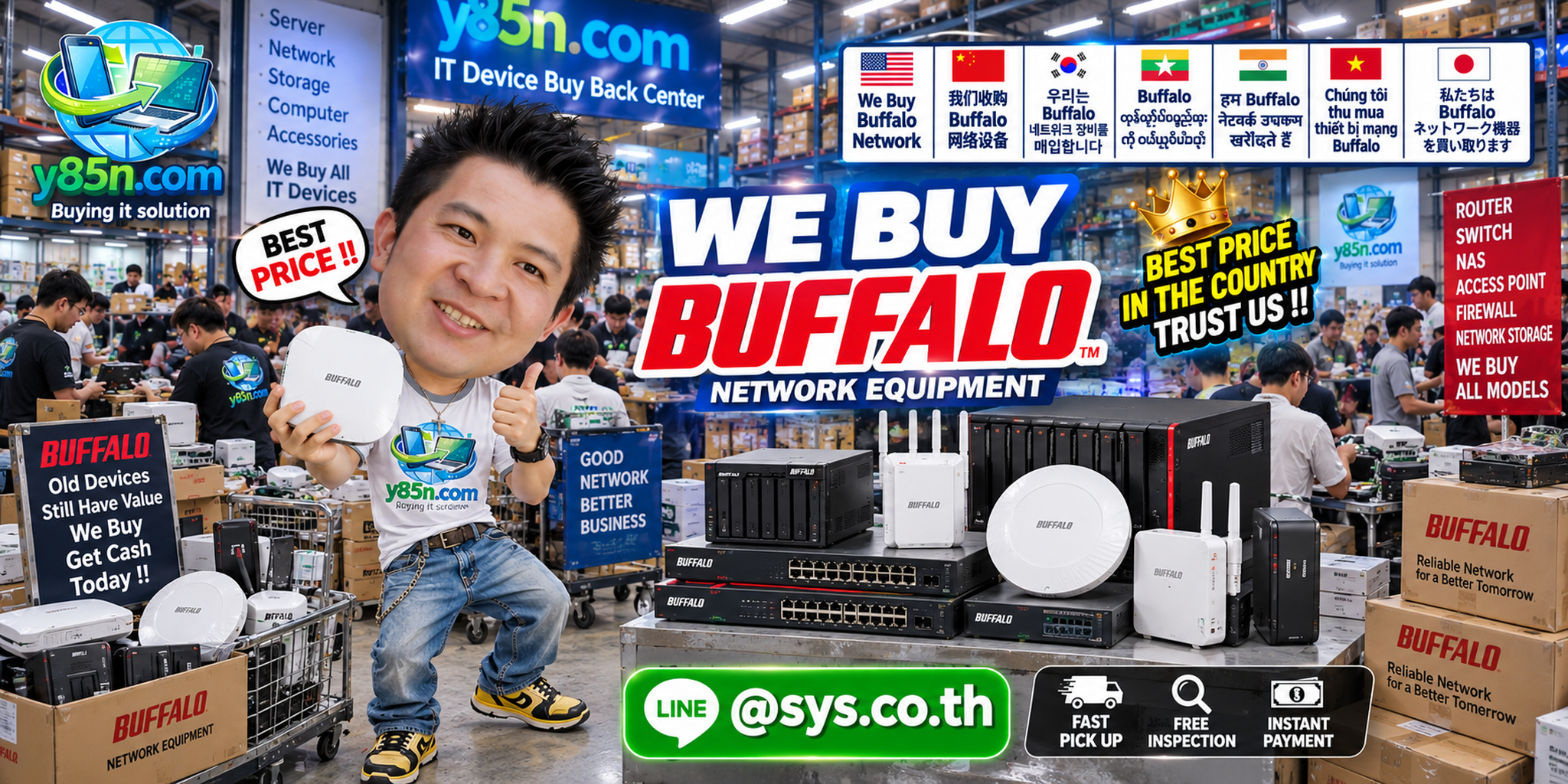 Y85N.com warehouse buying used Buffalo network equipment with international seller service messaging