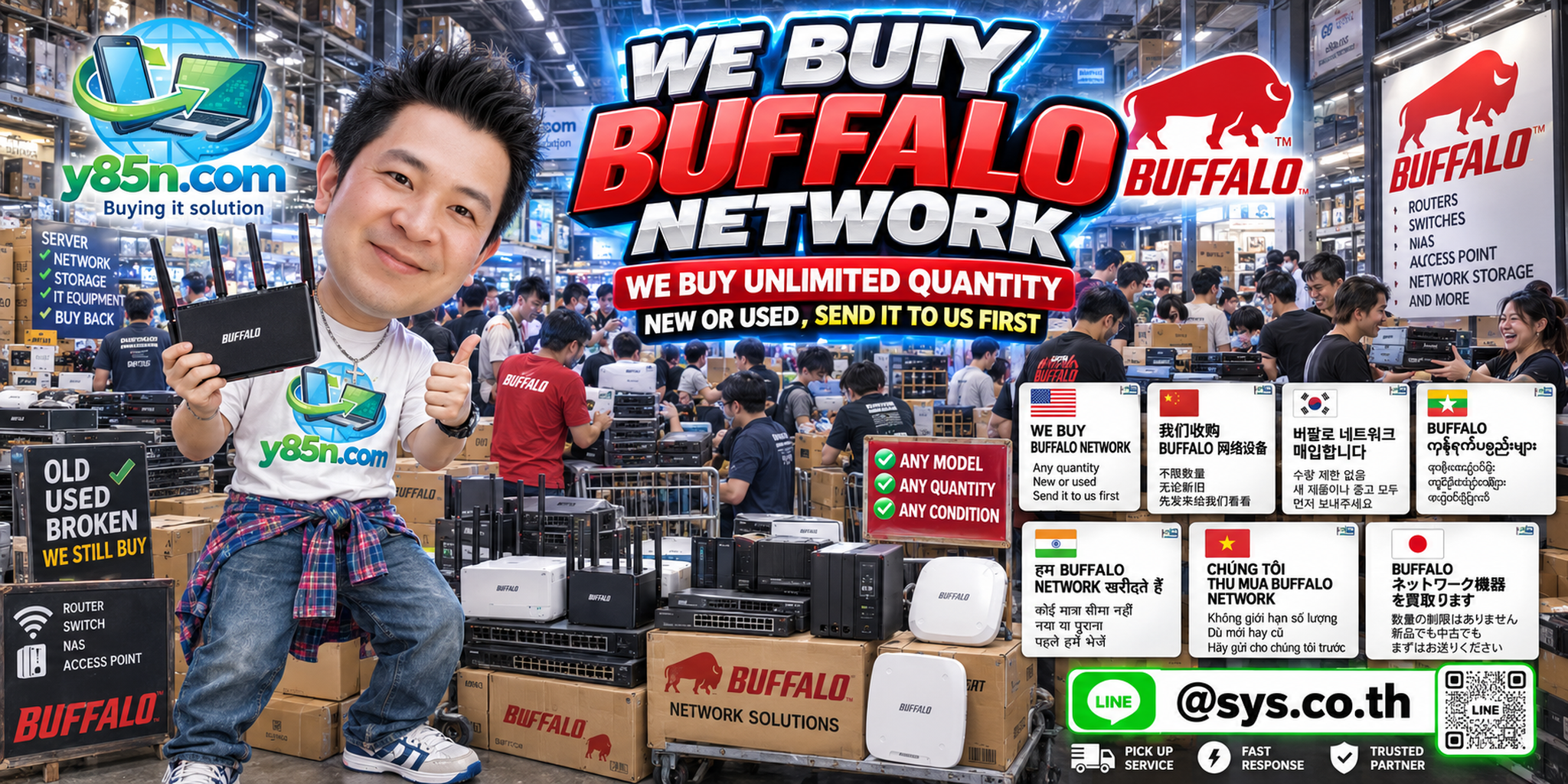 Y85N.com team and customers at a busy Buffalo network equipment buying warehouse