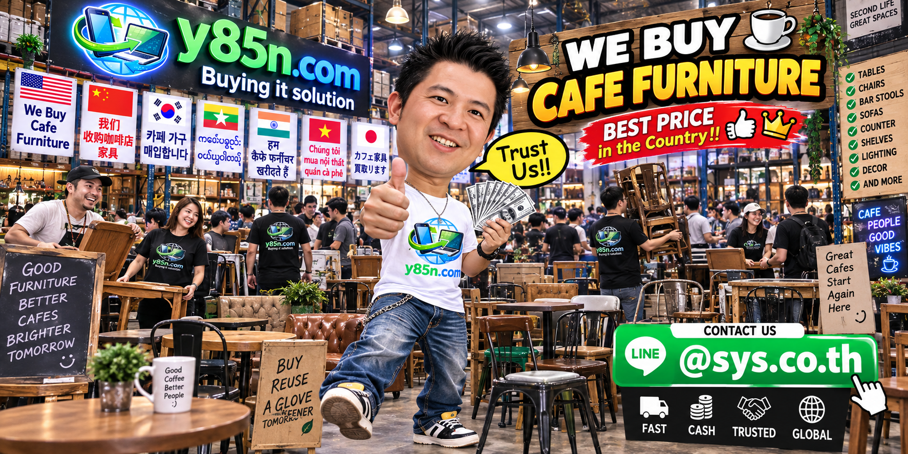 Y85N.com warehouse buying used cafe furniture in Thailand