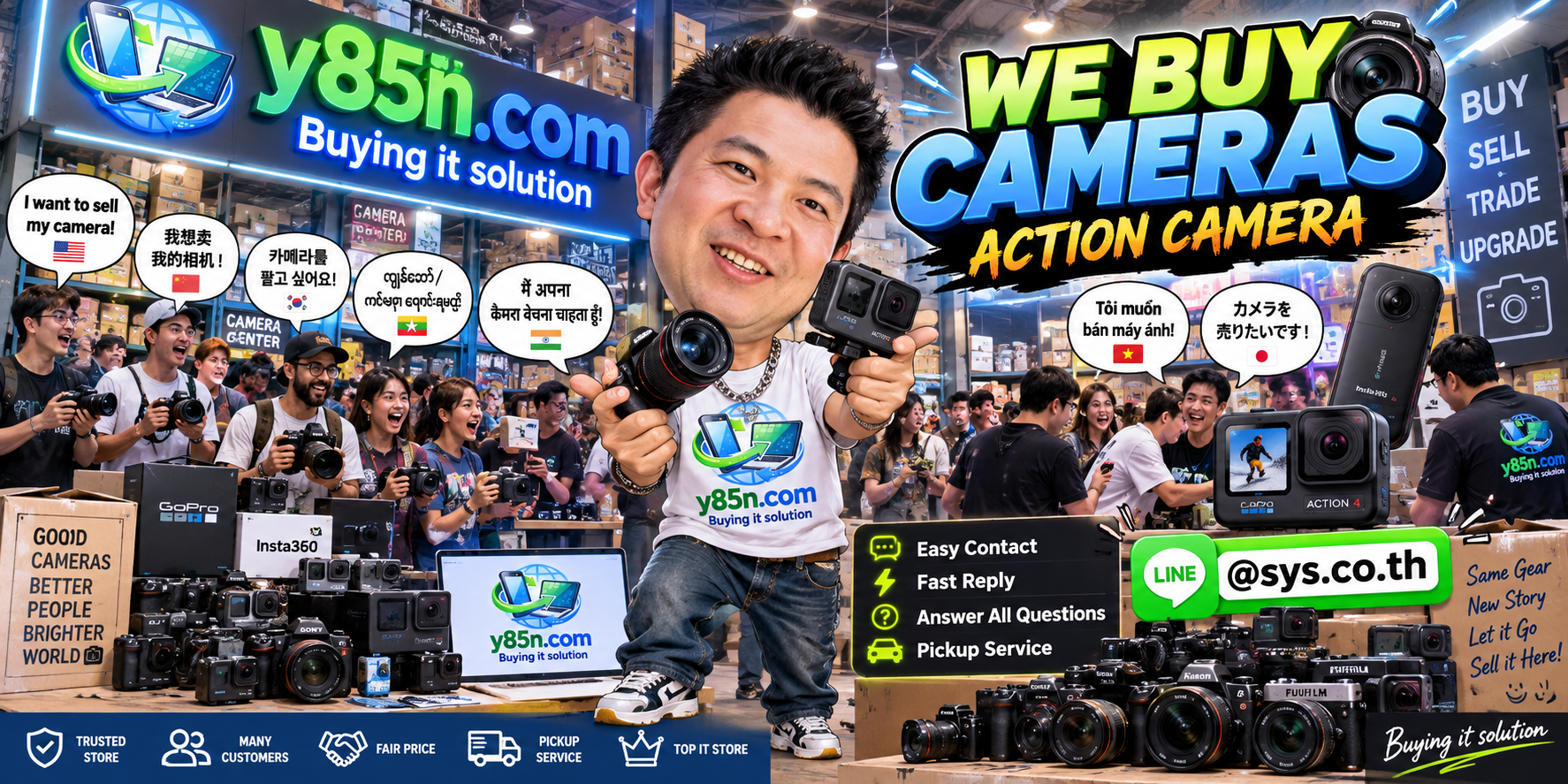 Y85N.com action camera buying contact banner with LINE at sys.co.th