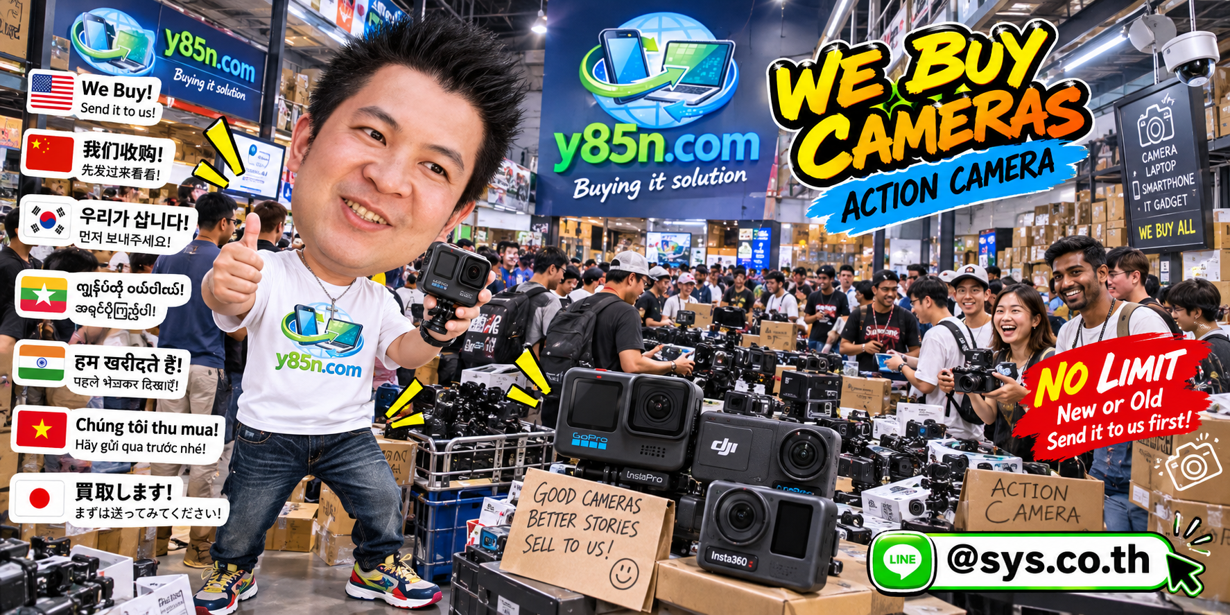 Y85N.com action camera buying warehouse with customers and camera equipment