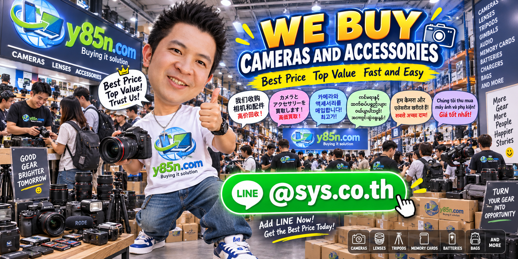 Y85N.com warehouse buying used cameras, lenses and photography accessories from international sellers in Thailand