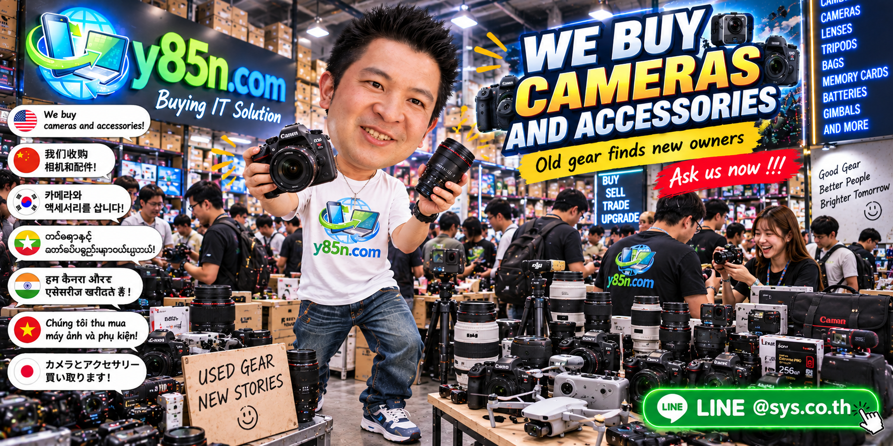 Busy Y85N.com camera buying warehouse serving photography equipment sellers in Thailand