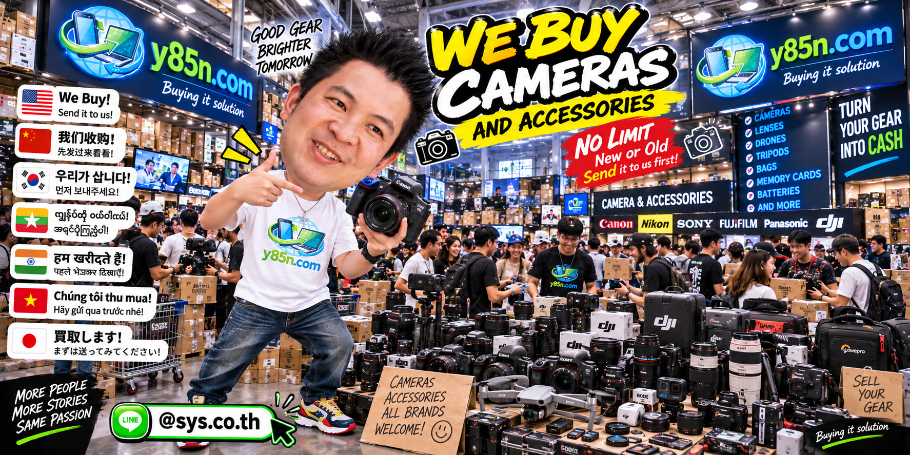 Y85N.com team and customers at a busy camera and photography equipment buying warehouse