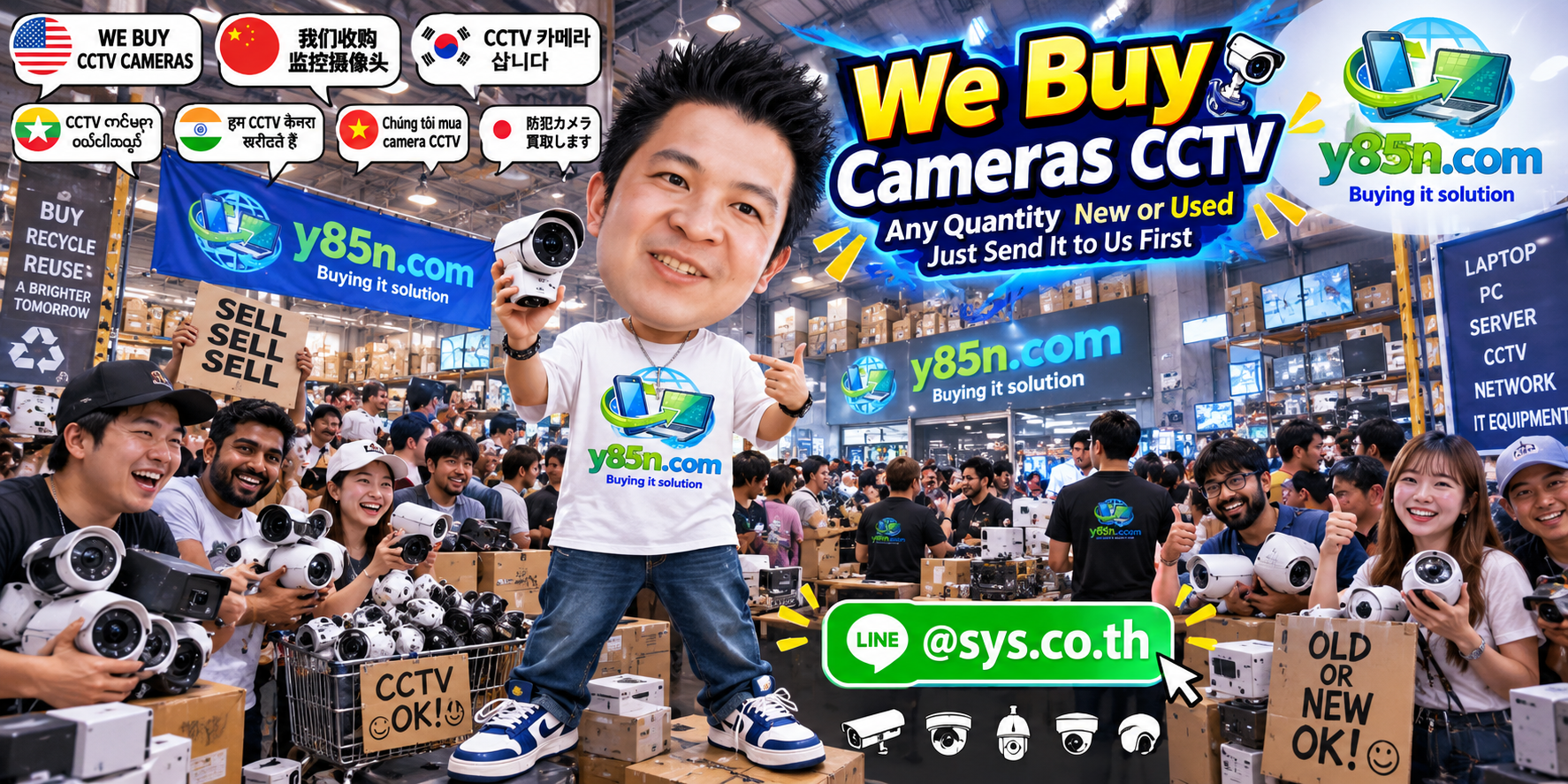 Y85N.com team and customers at a busy CCTV camera and surveillance equipment buying warehouse