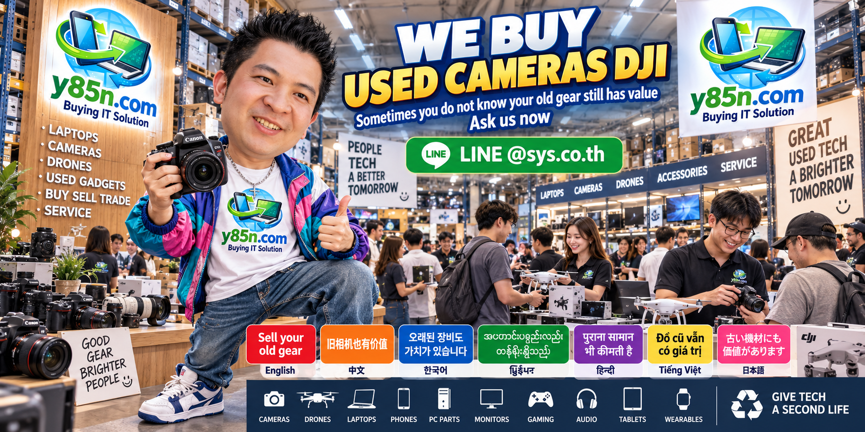 Busy Y85N.com camera warehouse showing professional DJI camera buying service in Thailand