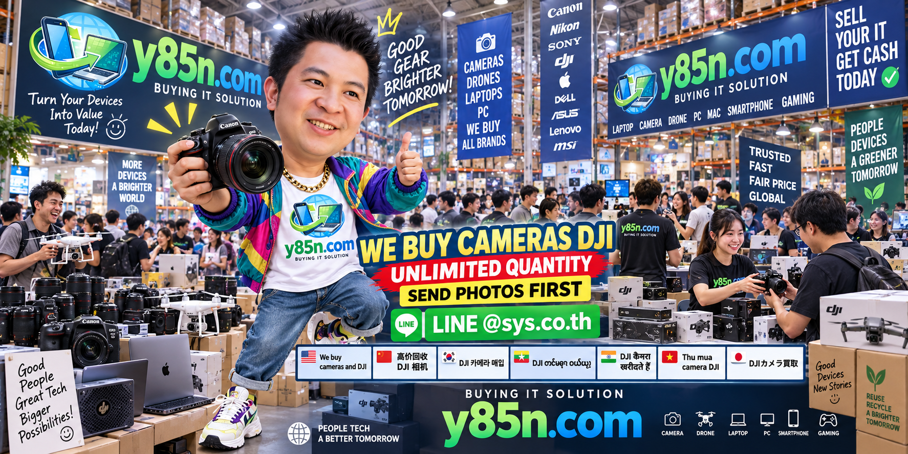 Y85N.com team and customers at a busy camera and DJI equipment buying warehouse