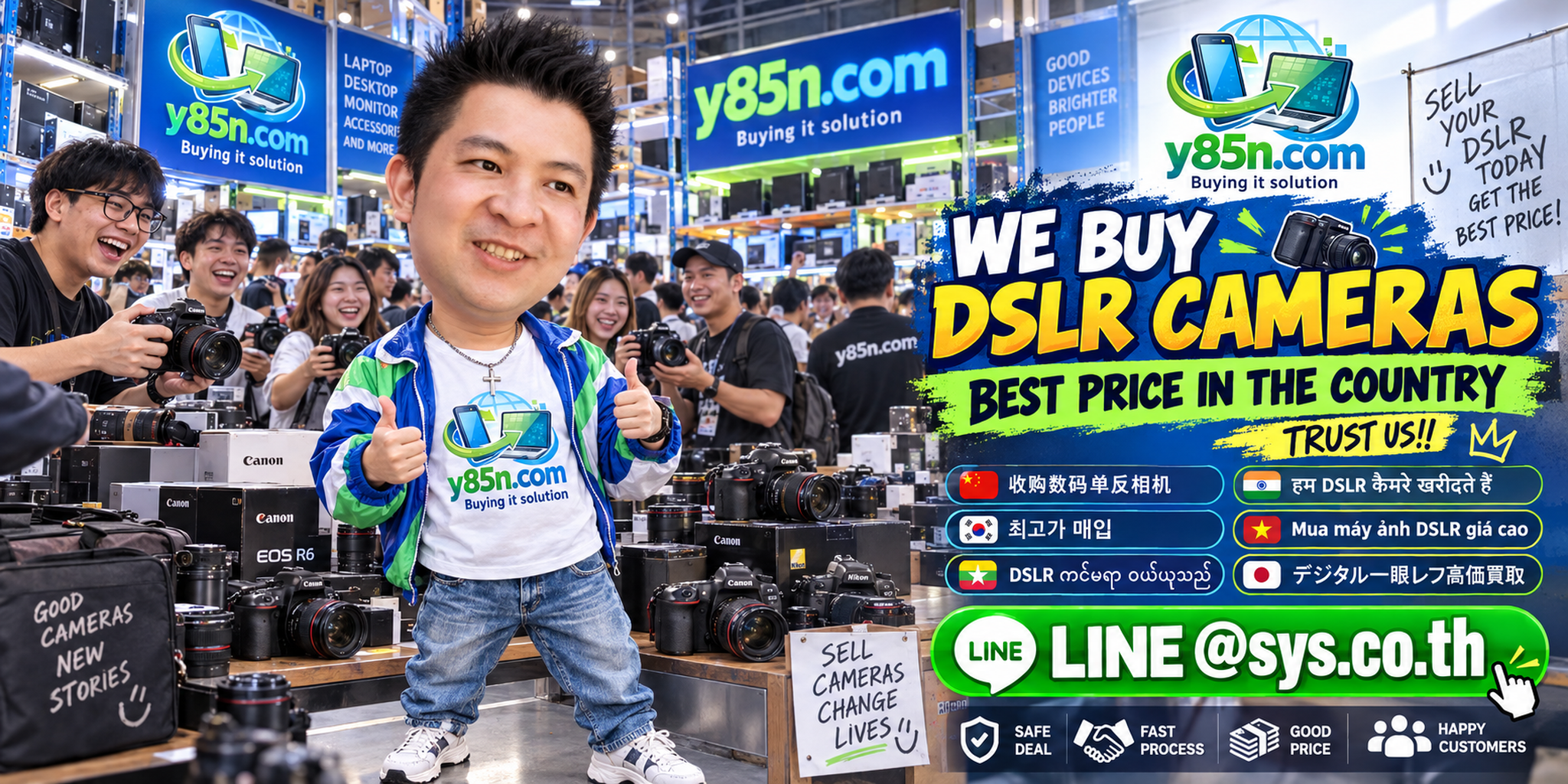 Y85N.com warehouse buying used DSLR cameras and lenses with international seller messaging