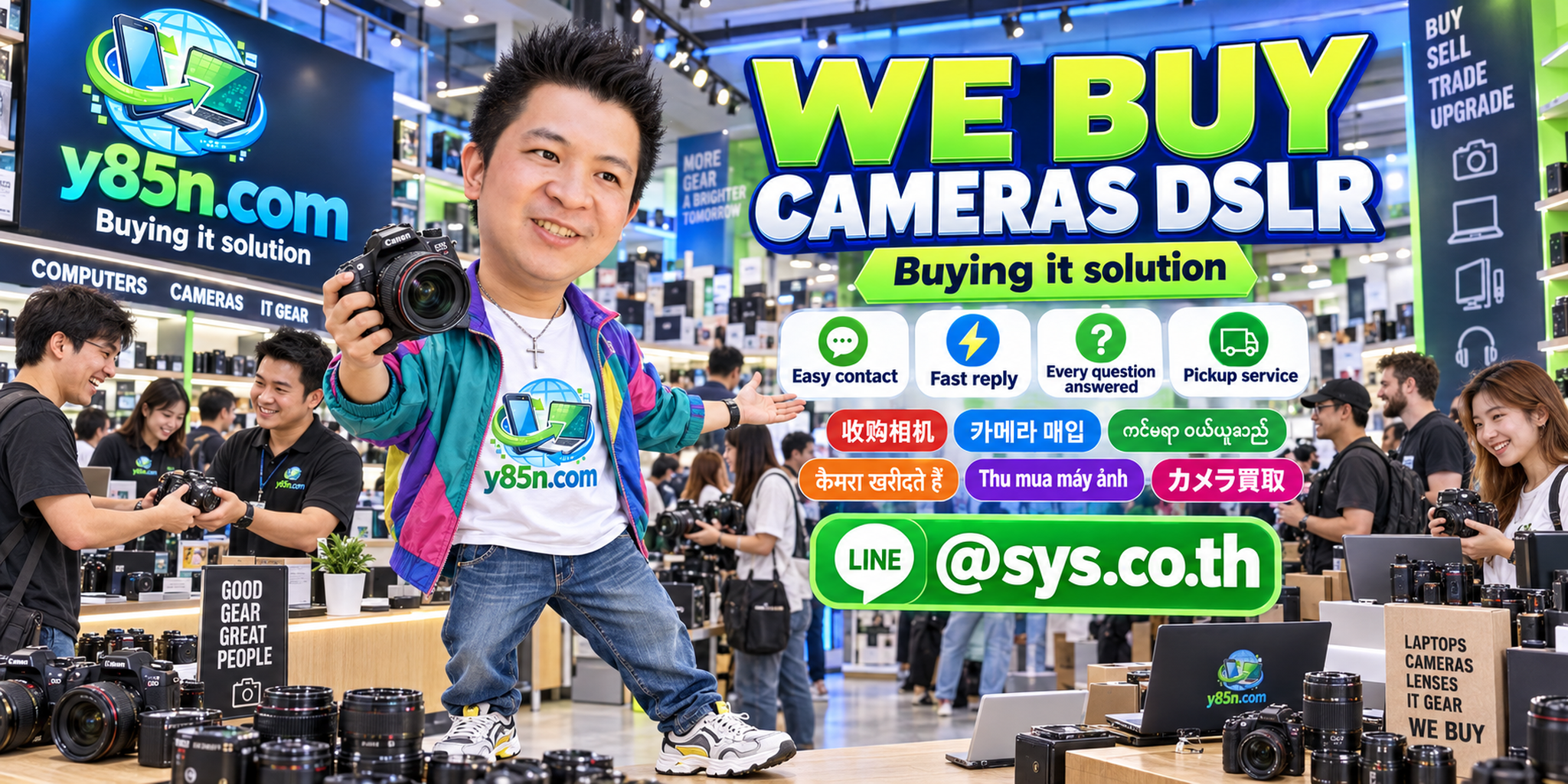 Y85N.com DSLR camera buying service contact banner with LINE at sys.co.th