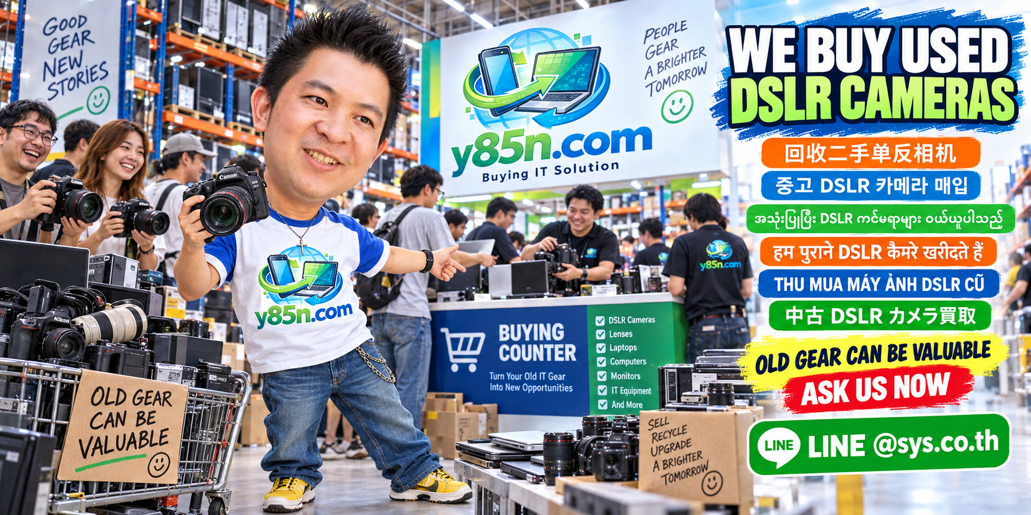 Busy Y85N.com camera buying warehouse with DSLR cameras, lenses and international sellers in Thailand
