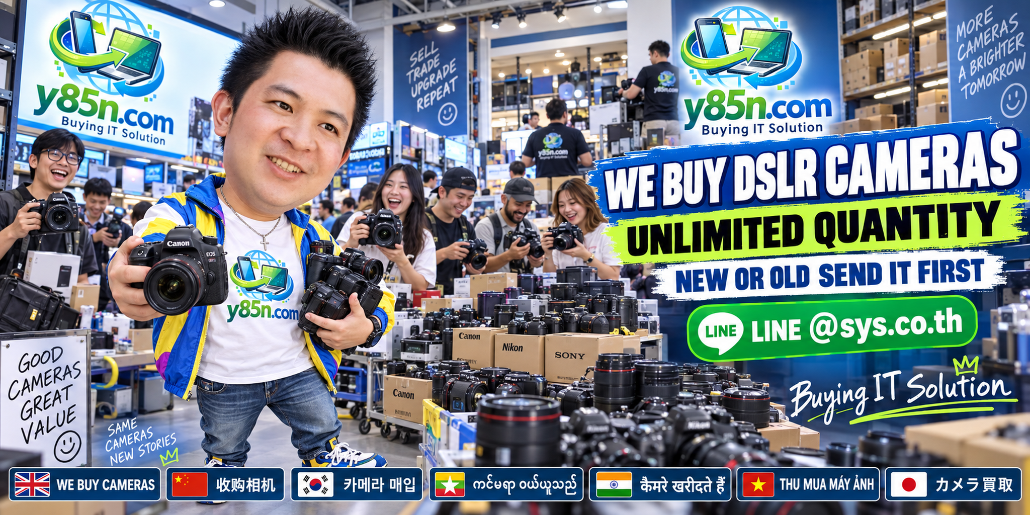 Y85N.com team and customers at a busy DSLR camera and photography equipment buying warehouse in Thailand