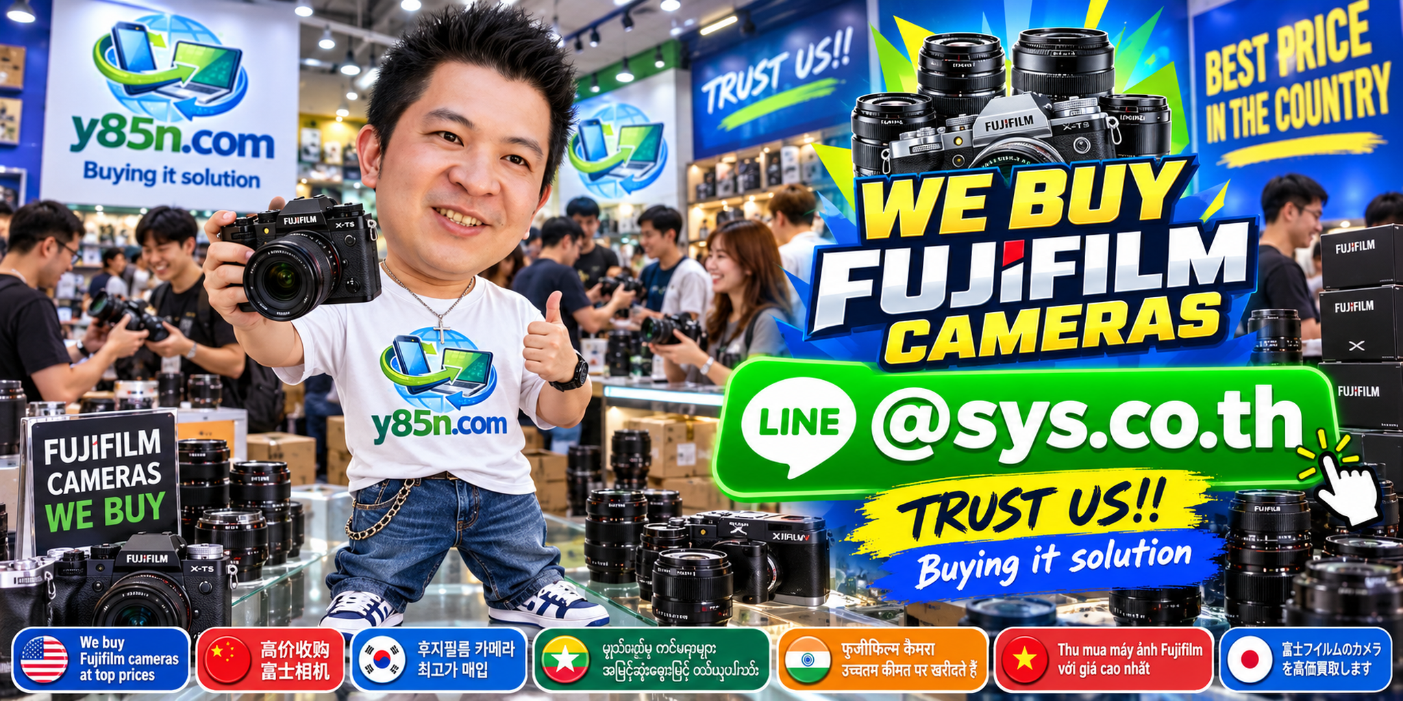 Y85N.com warehouse buying used Fujifilm cameras with international seller messaging