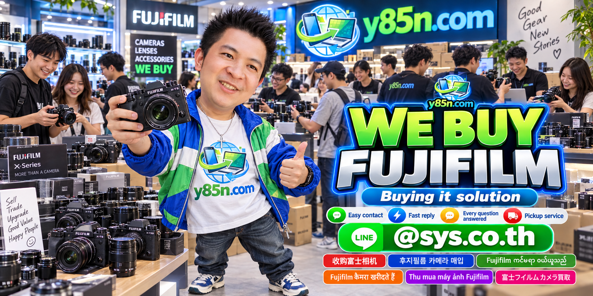 Y85N.com Fujifilm camera buying service contact banner with LINE at sys.co.th