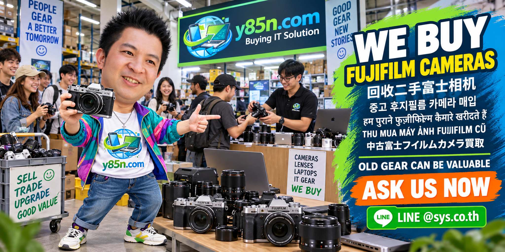 Busy Y85N.com camera warehouse presenting a Fujifilm camera buying service in Thailand