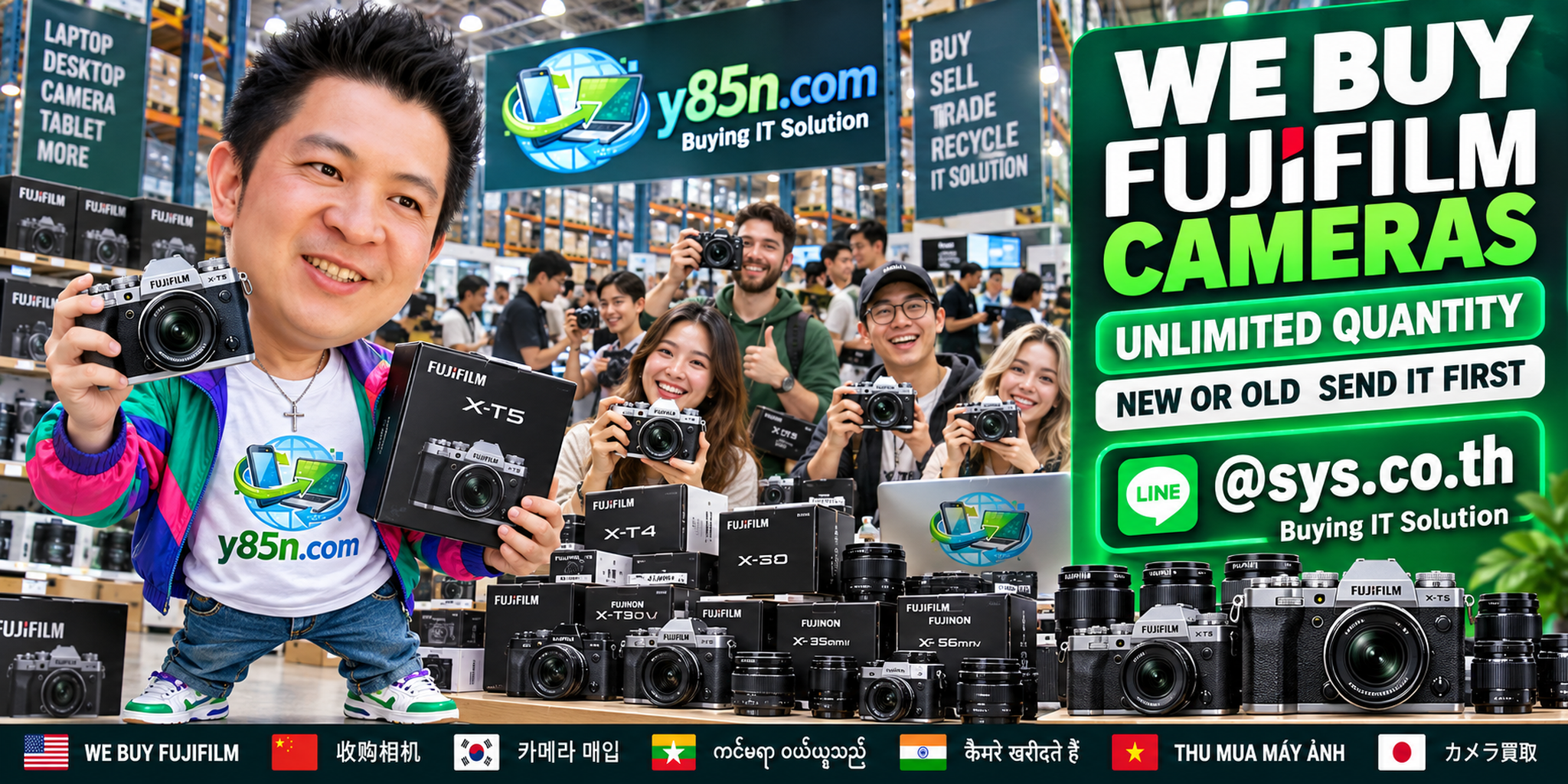 Y85N.com team and customers at a busy Fujifilm camera buying warehouse