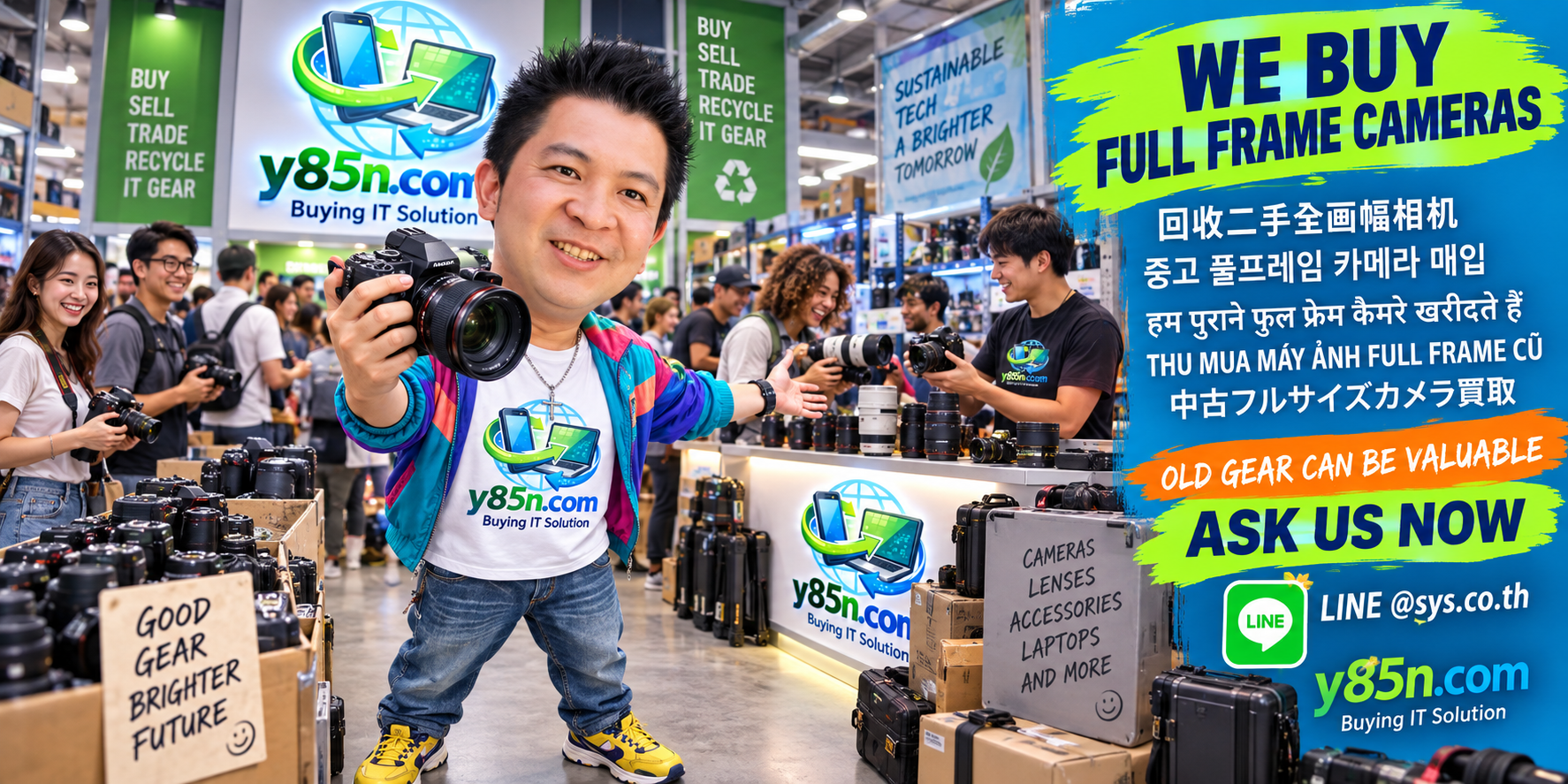 Y85N.com full frame camera buying service in a busy Thailand camera warehouse