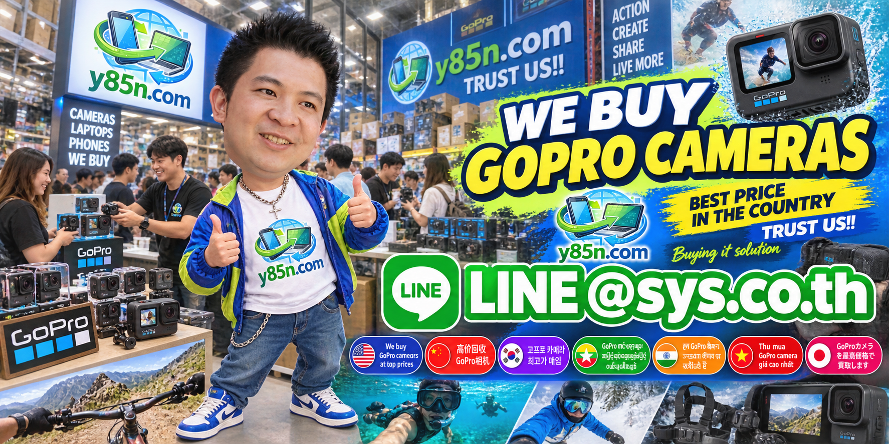 Y85N.com warehouse buying used GoPro cameras with international seller support