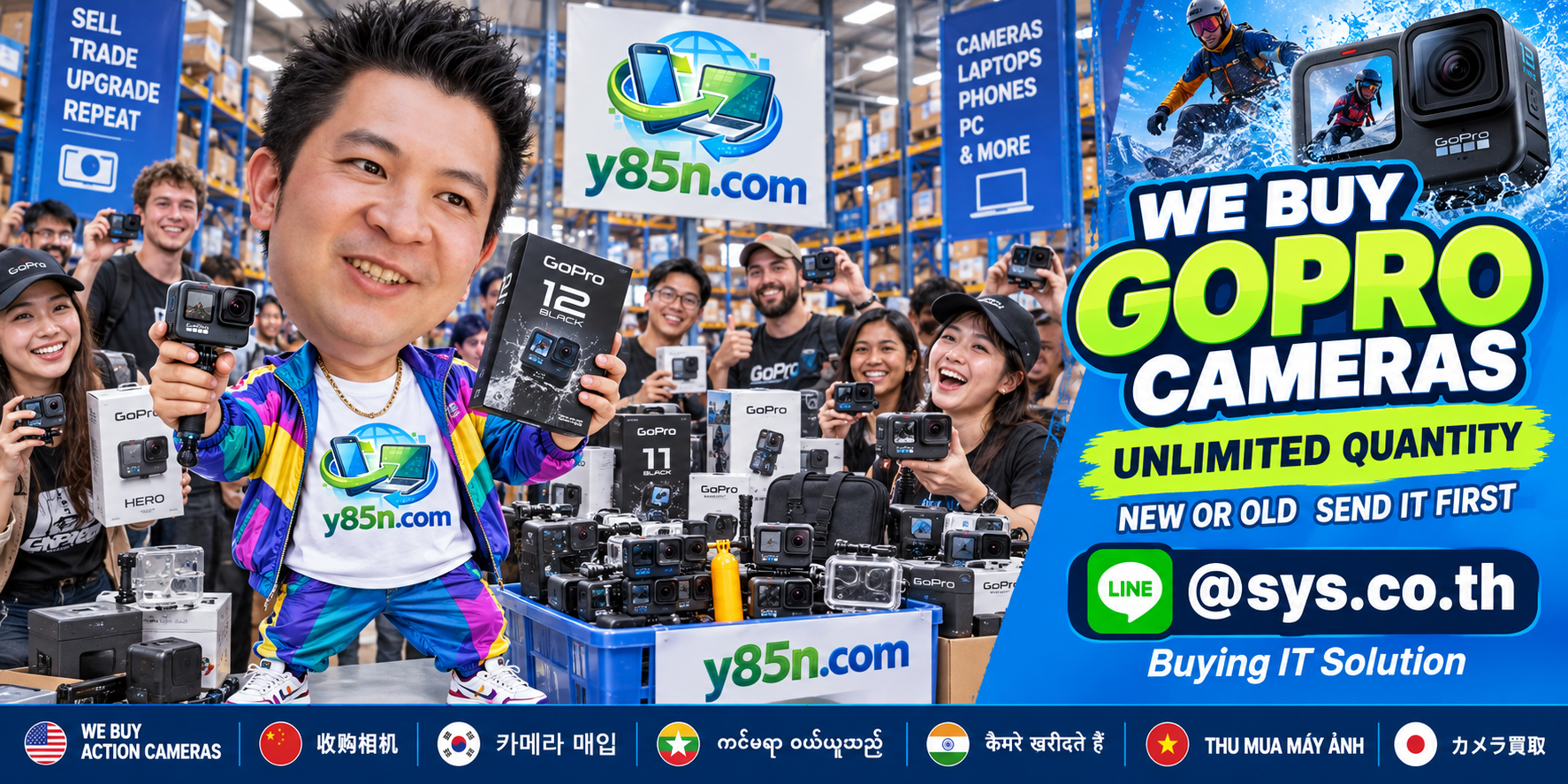 Y85N.com team and customers at a busy GoPro camera buying warehouse