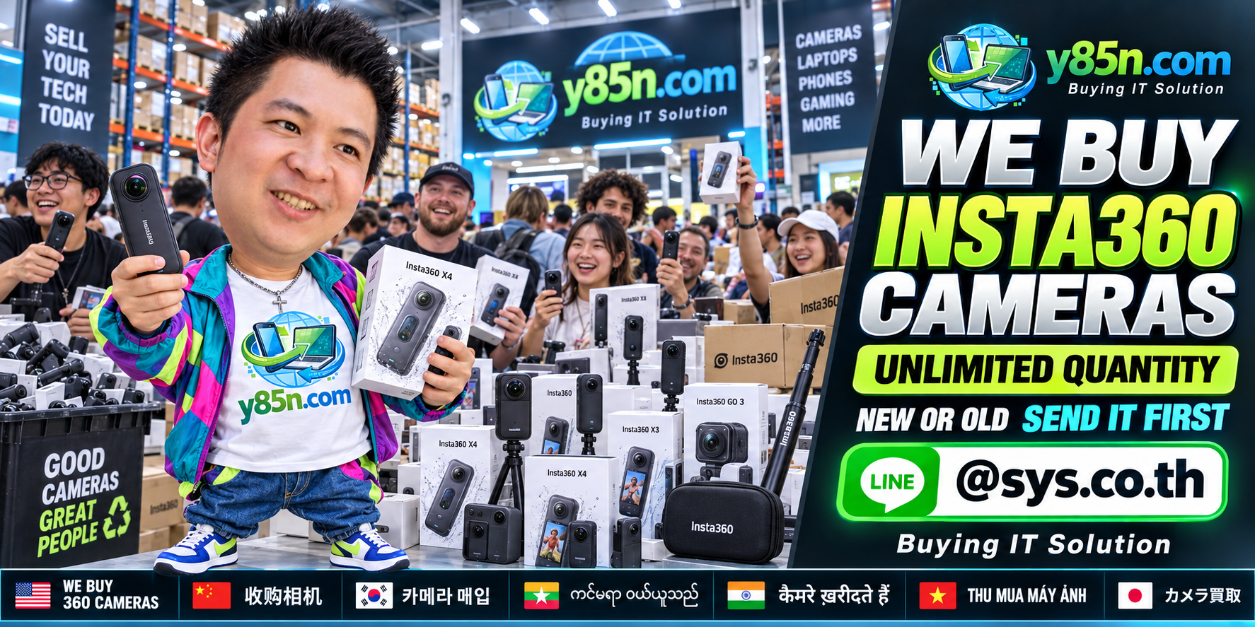 Y85N.com team and customers at a busy Insta360 camera buying warehouse