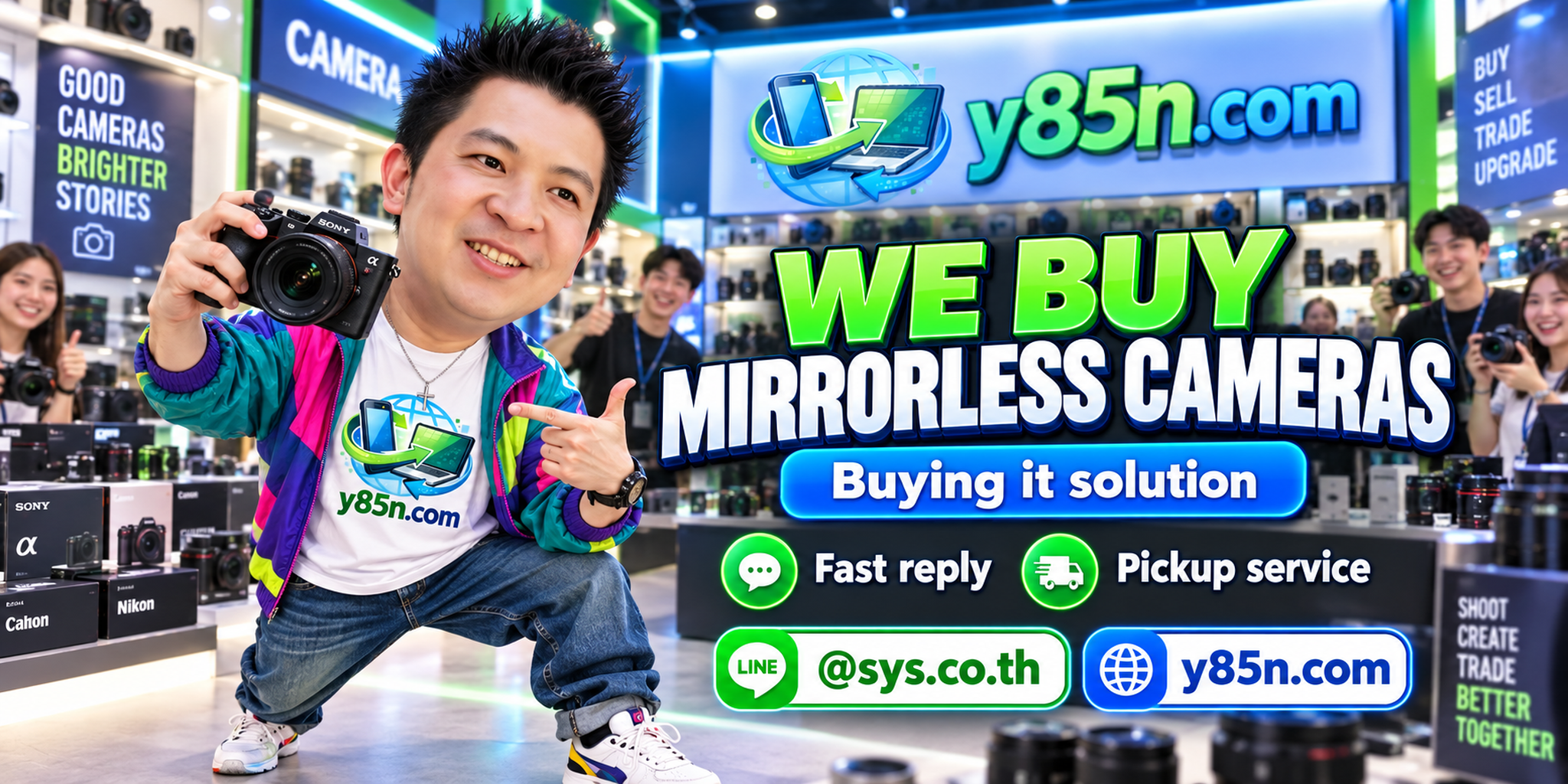 Y85N.com mirrorless camera buying service contact banner with LINE at sys.co.th