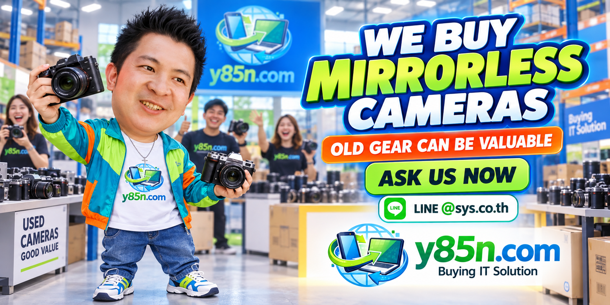 Busy Y85N.com camera buying warehouse with mirrorless cameras, lenses and international sellers in Thailand