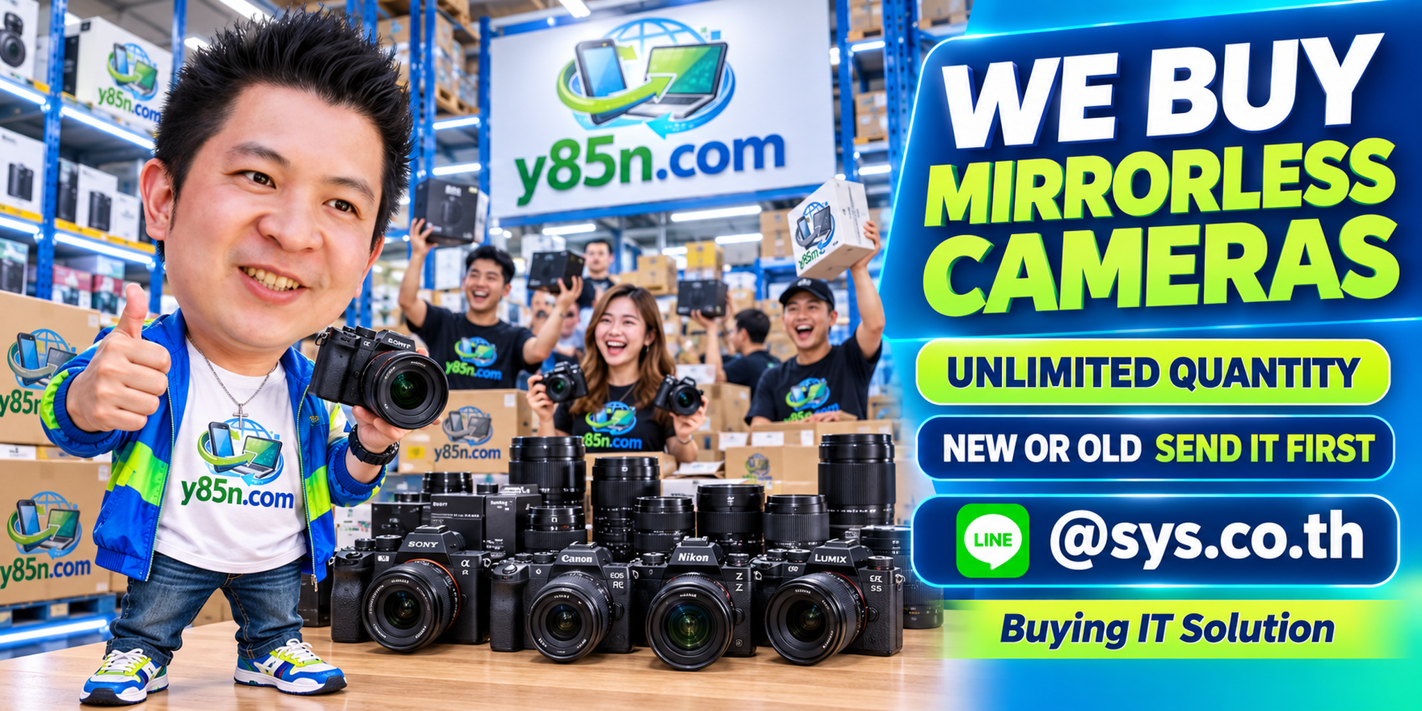 Y85N.com team and customers at a busy mirrorless camera and photography equipment buying warehouse in Thailand