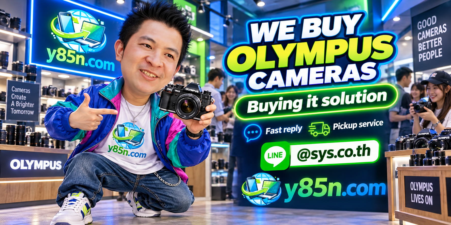 Y85N.com Olympus camera buying service contact banner with LINE at sys.co.th
