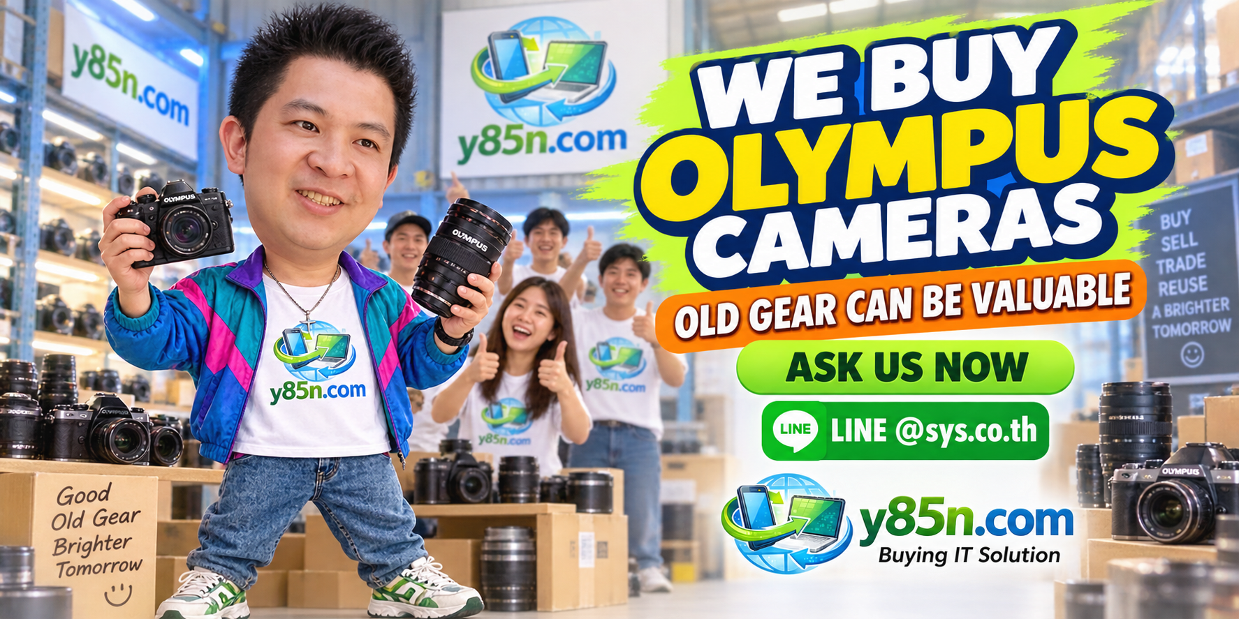 Y85N.com Olympus camera buying service in a busy Thailand camera warehouse
