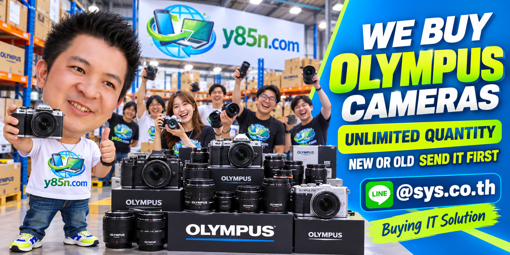 Y85N.com team and customers in a busy Olympus camera buying warehouse