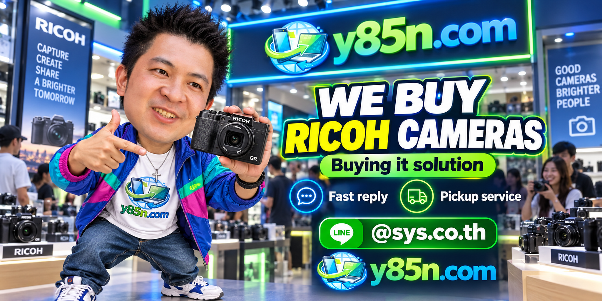 Y85N.com Ricoh camera buying contact banner with LINE at sys.co.th