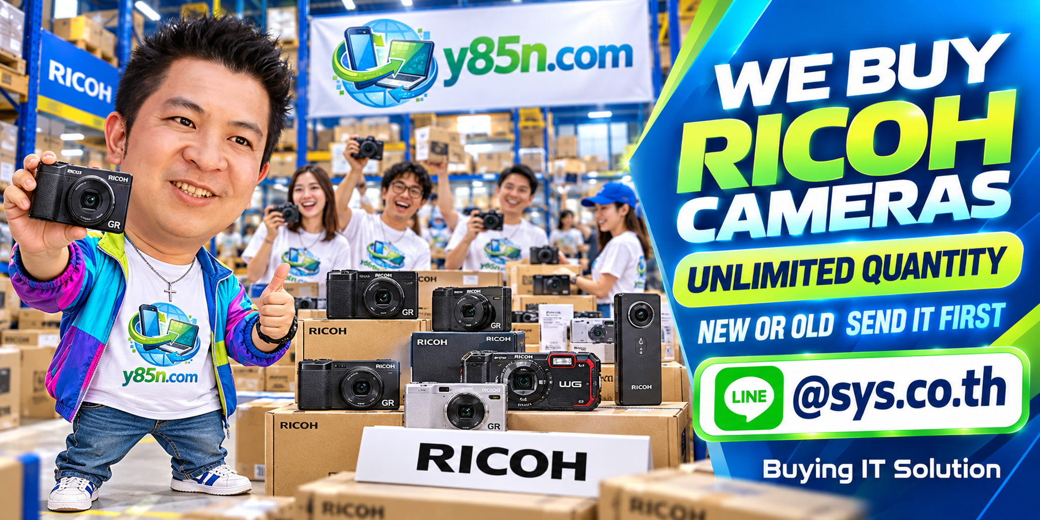 Y85N.com team and customers at a busy Ricoh camera buying counter in Thailand