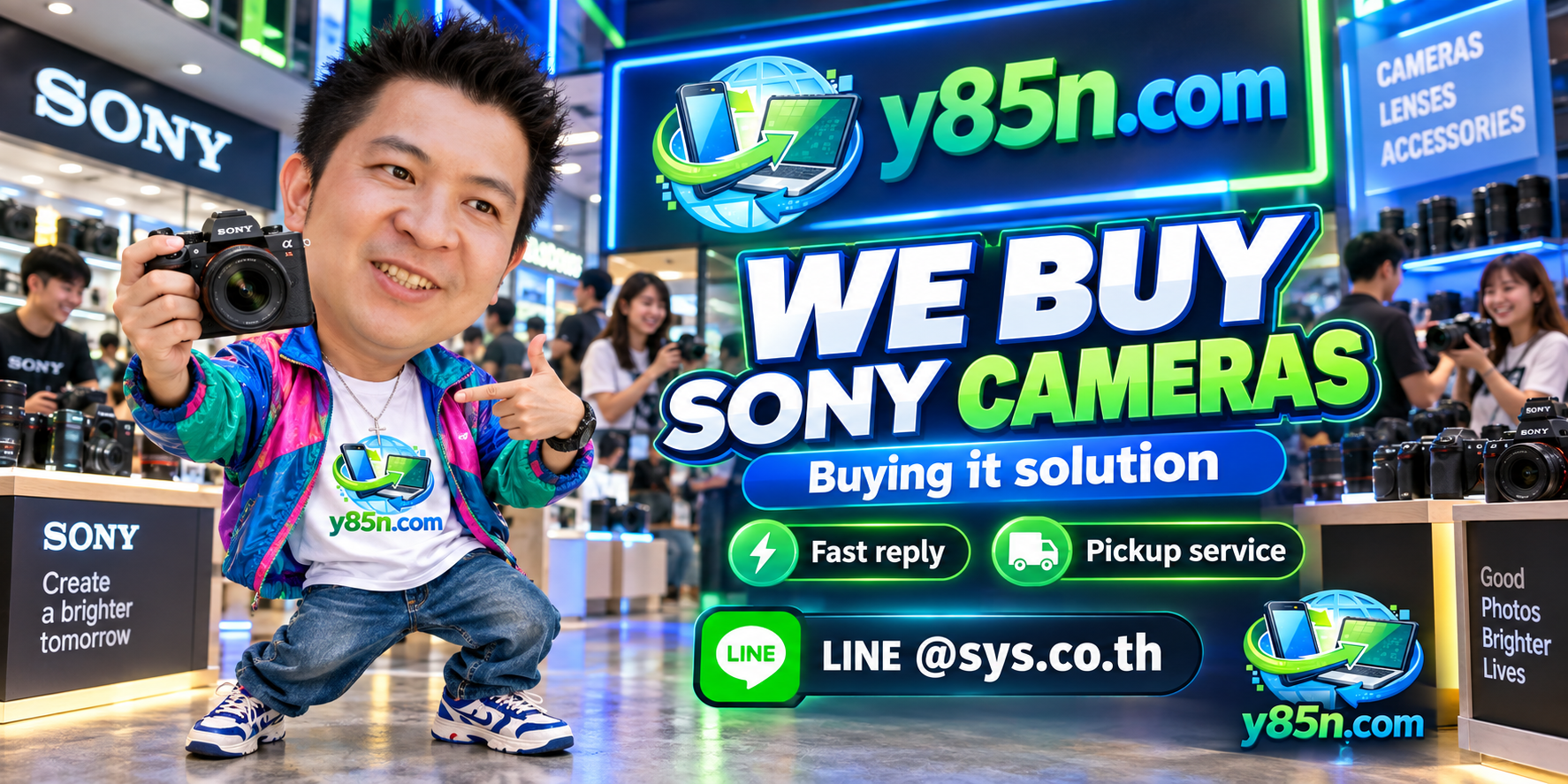 Y85N.com Sony camera buying service contact banner with LINE at sys.co.th