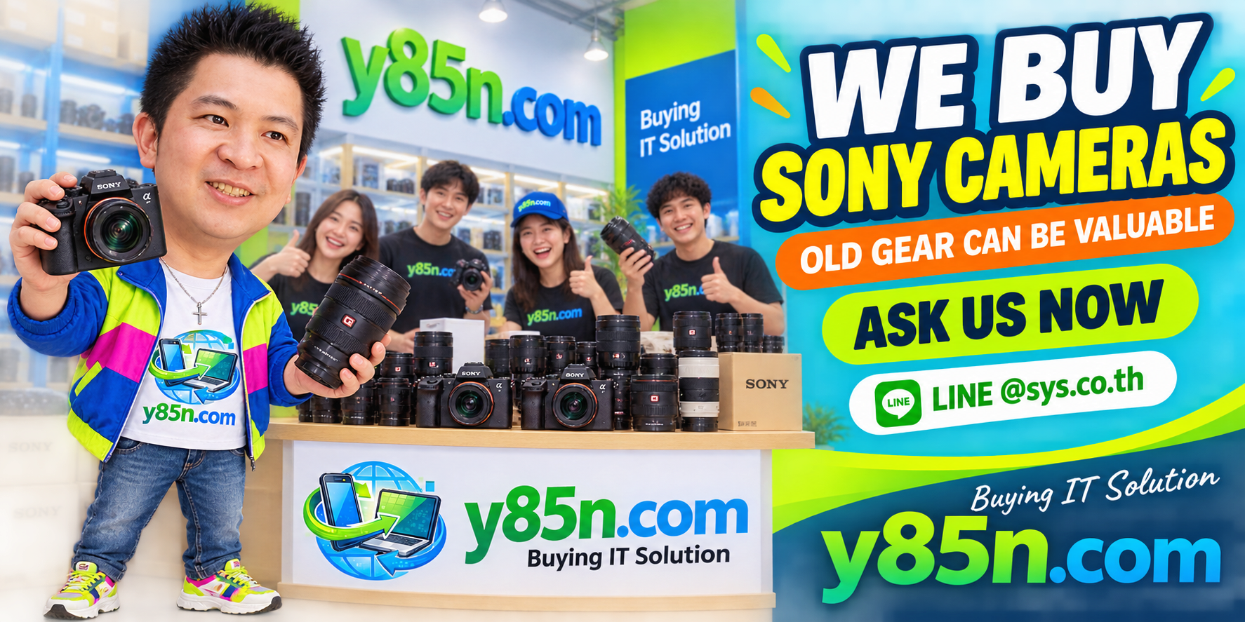 Y85N.com Sony camera buying service in Thailand with Sony cameras and professional warehouse style presentation