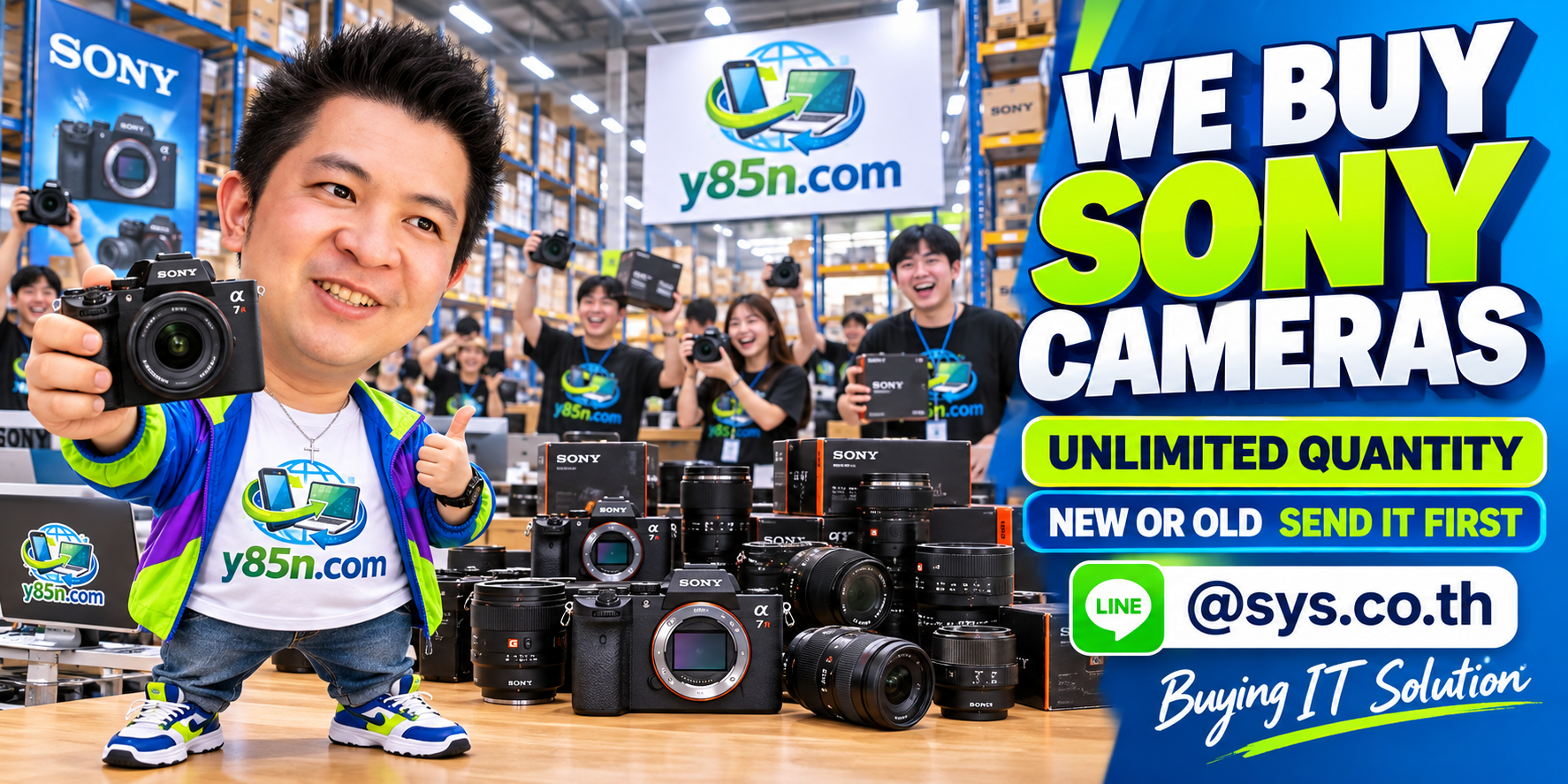 Y85N.com Sony camera buying service with Sony camera bodies lenses and busy professional camera warehouse atmosphere