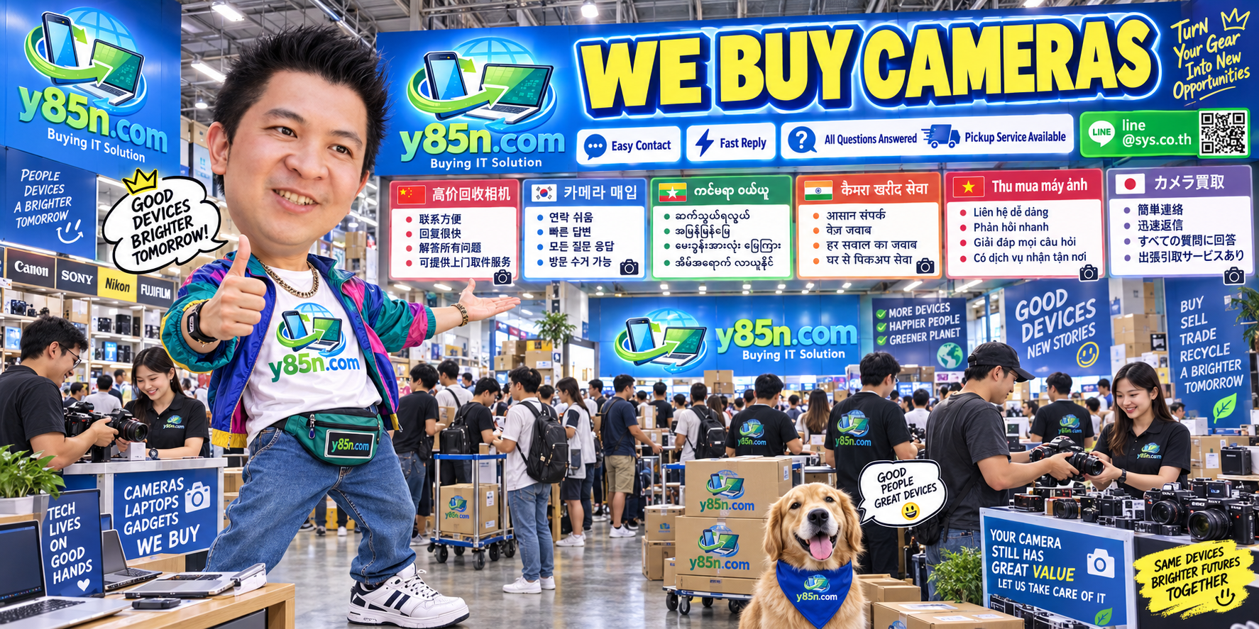 Y85N.com camera buying contact banner with LINE at sys.co.th