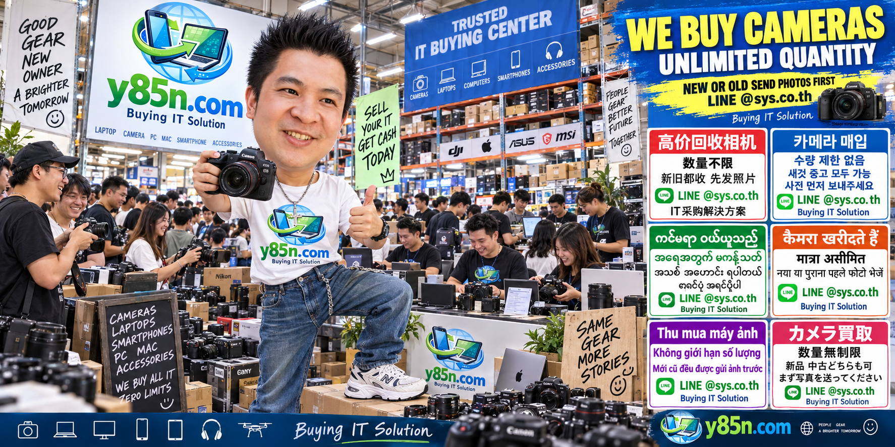 Y85N.com team and customers at a busy camera and photography equipment buying warehouse