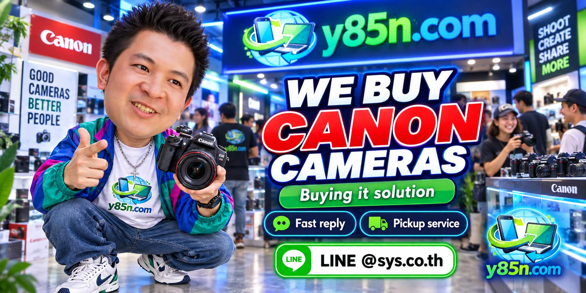 Y85N.com Canon camera buying service contact banner with LINE at sys.co.th
