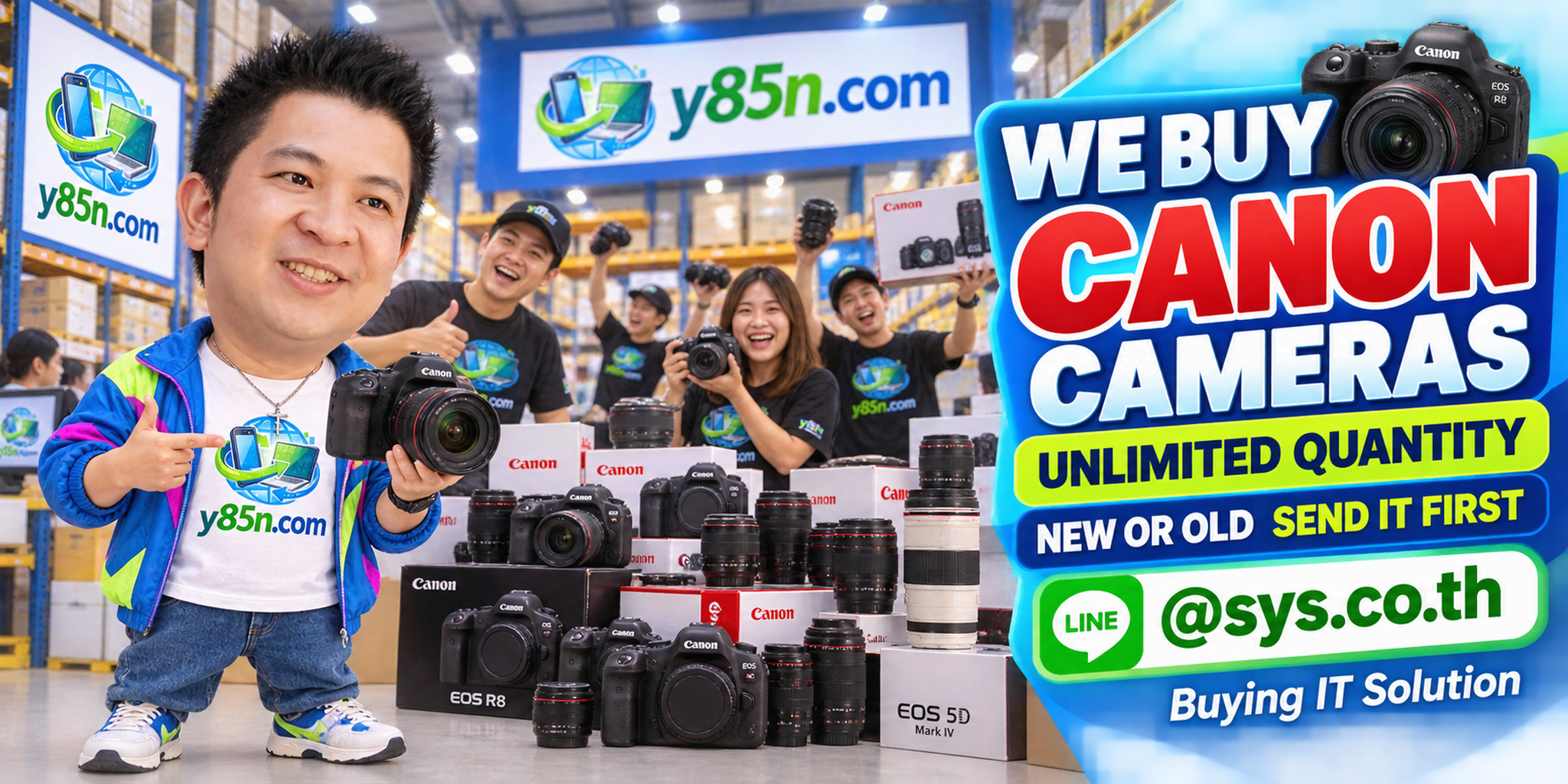 Y85N.com Canon camera buying team with Canon cameras and lenses in a busy warehouse style setting