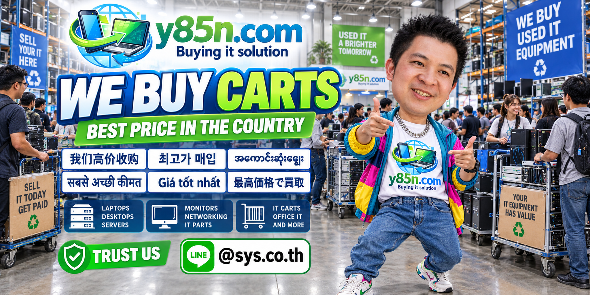 Y85N.com warehouse buying used commercial carts with international seller messaging