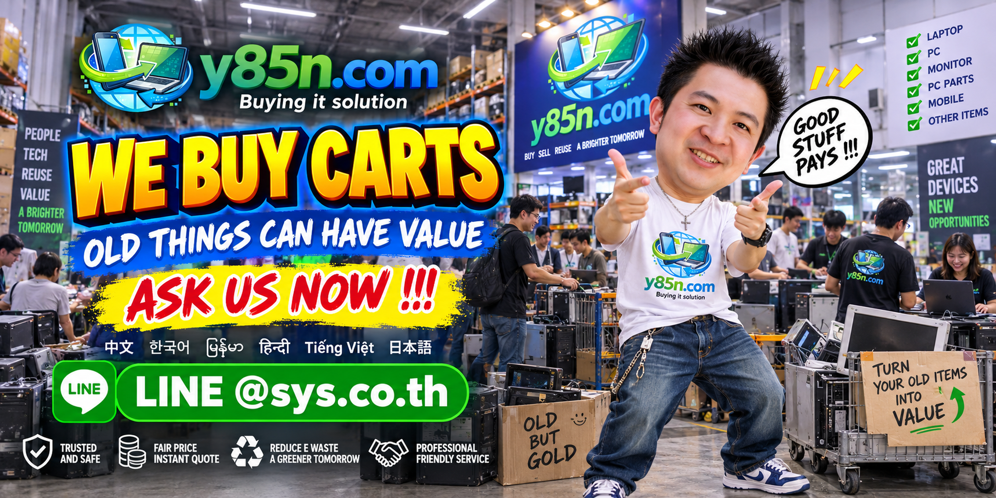 Busy Y85N.com warehouse buying commercial carts from international sellers in Thailand