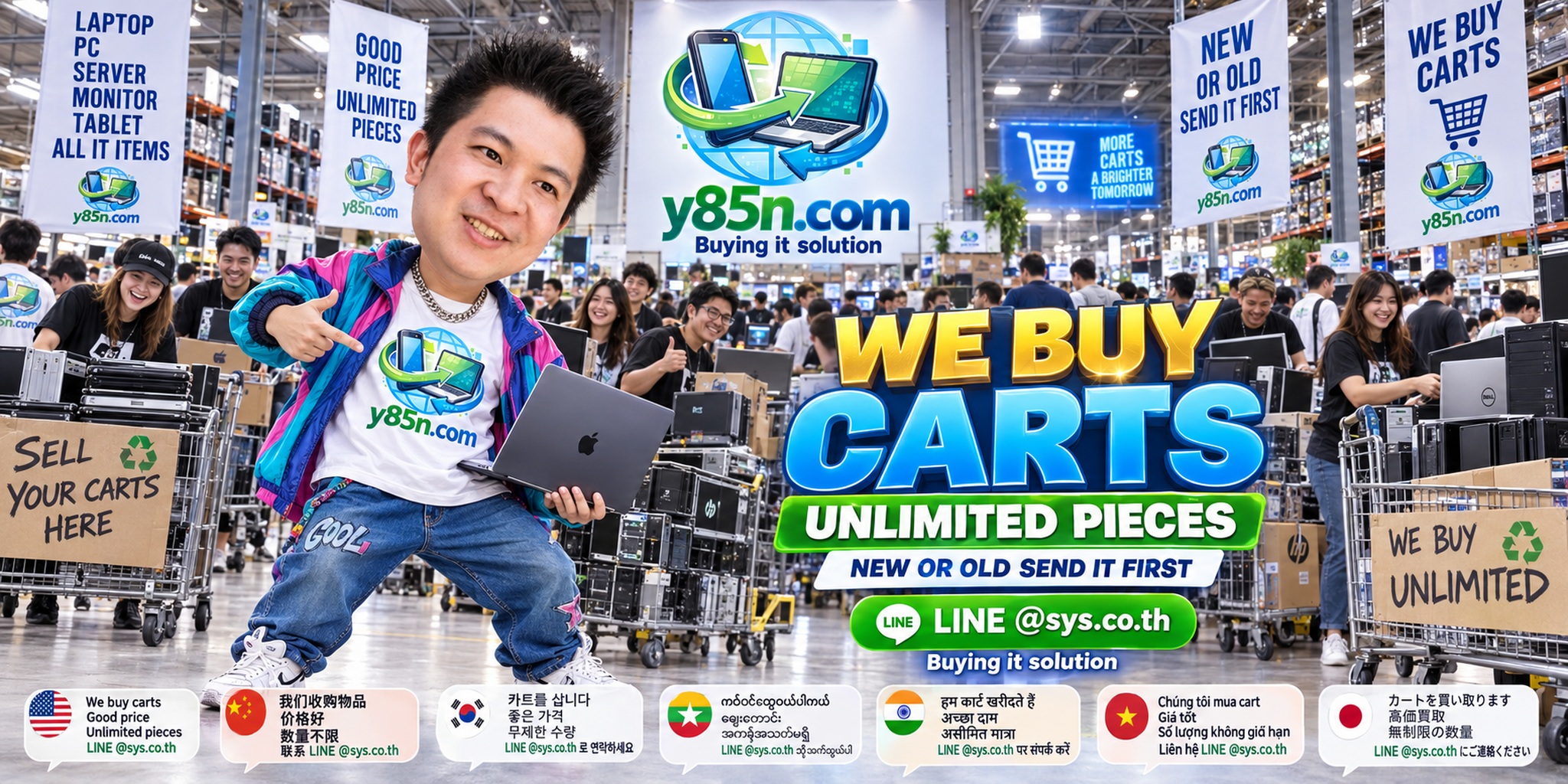 Y85N.com team and customers at a busy warehouse buying commercial carts