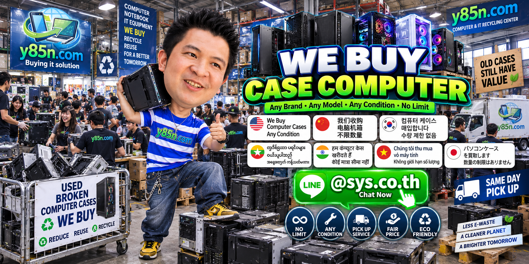 Y85N.com team and customers at a busy computer case buying warehouse