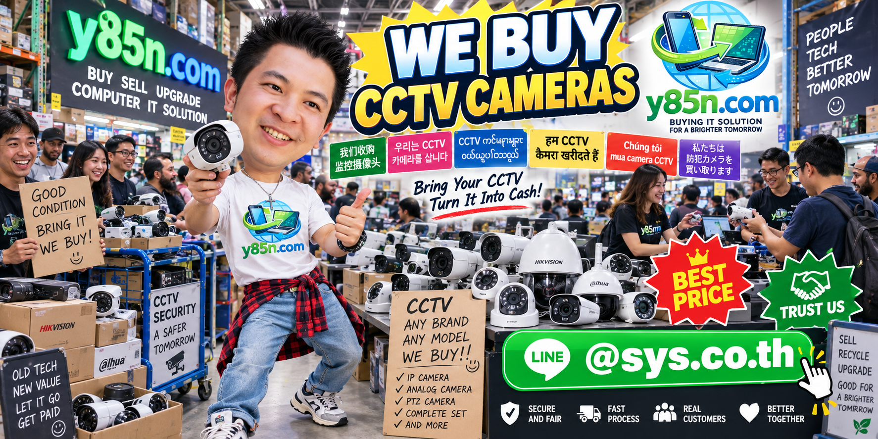 Y85N.com warehouse buying used CCTV cameras with international seller messaging