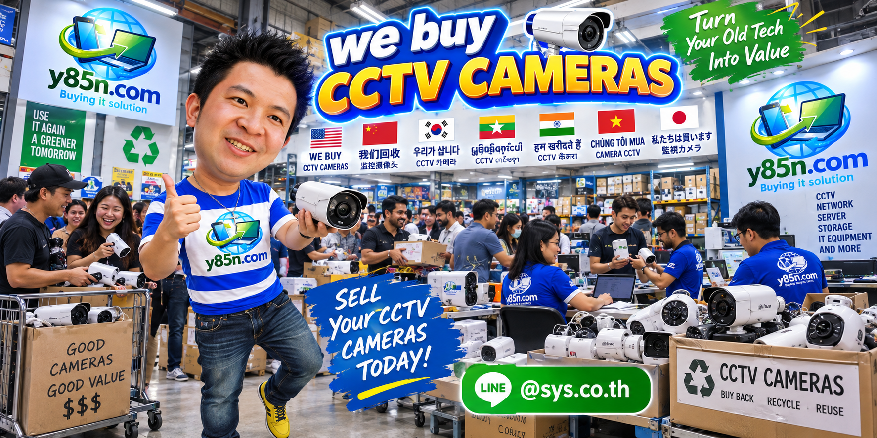 Busy Y85N.com warehouse showing a professional CCTV camera buying service in Thailand